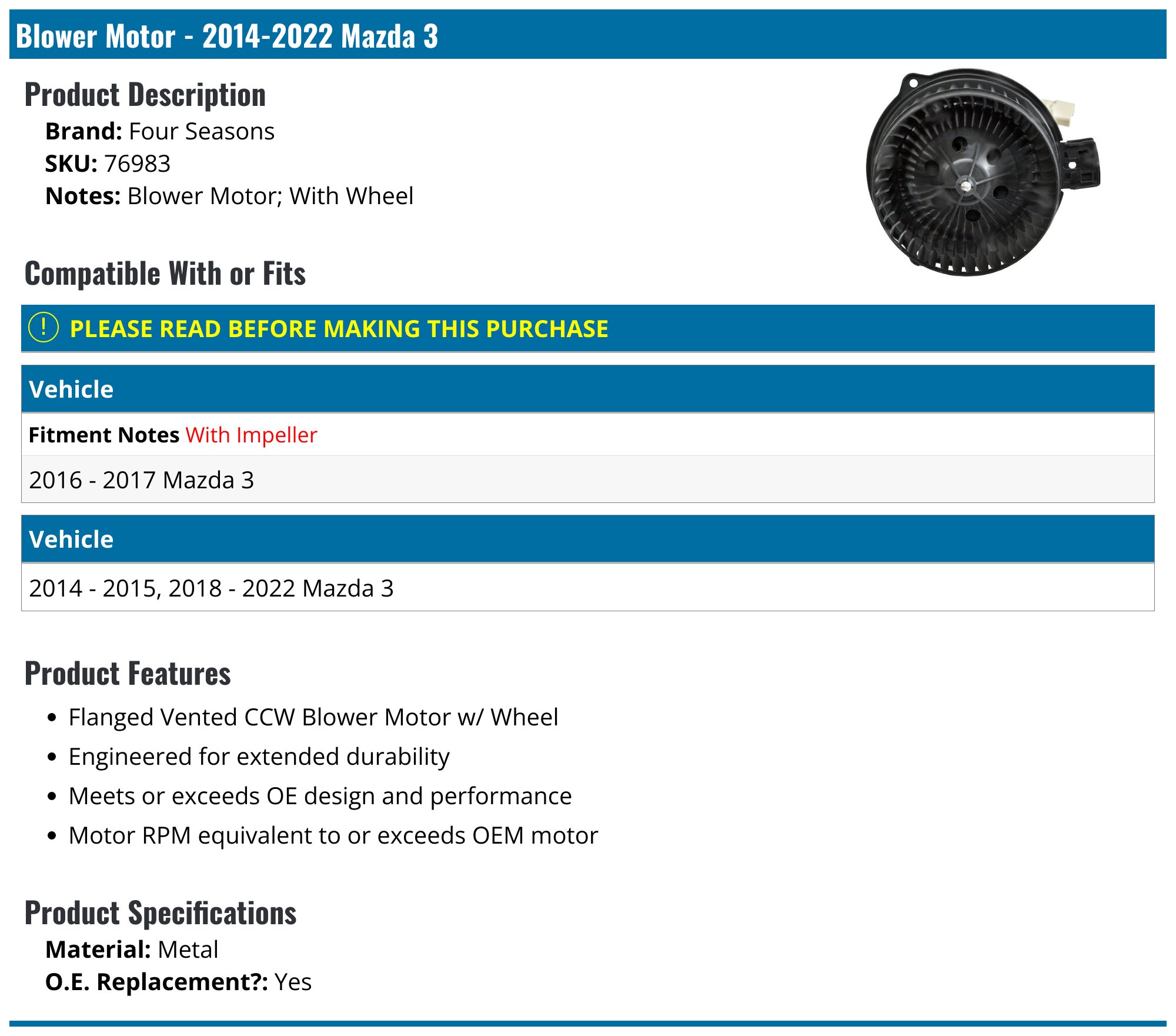 Front HVAC Blower Motor With Fan Cage For Mazda 3 Sport 2014-2022 – ECCPP