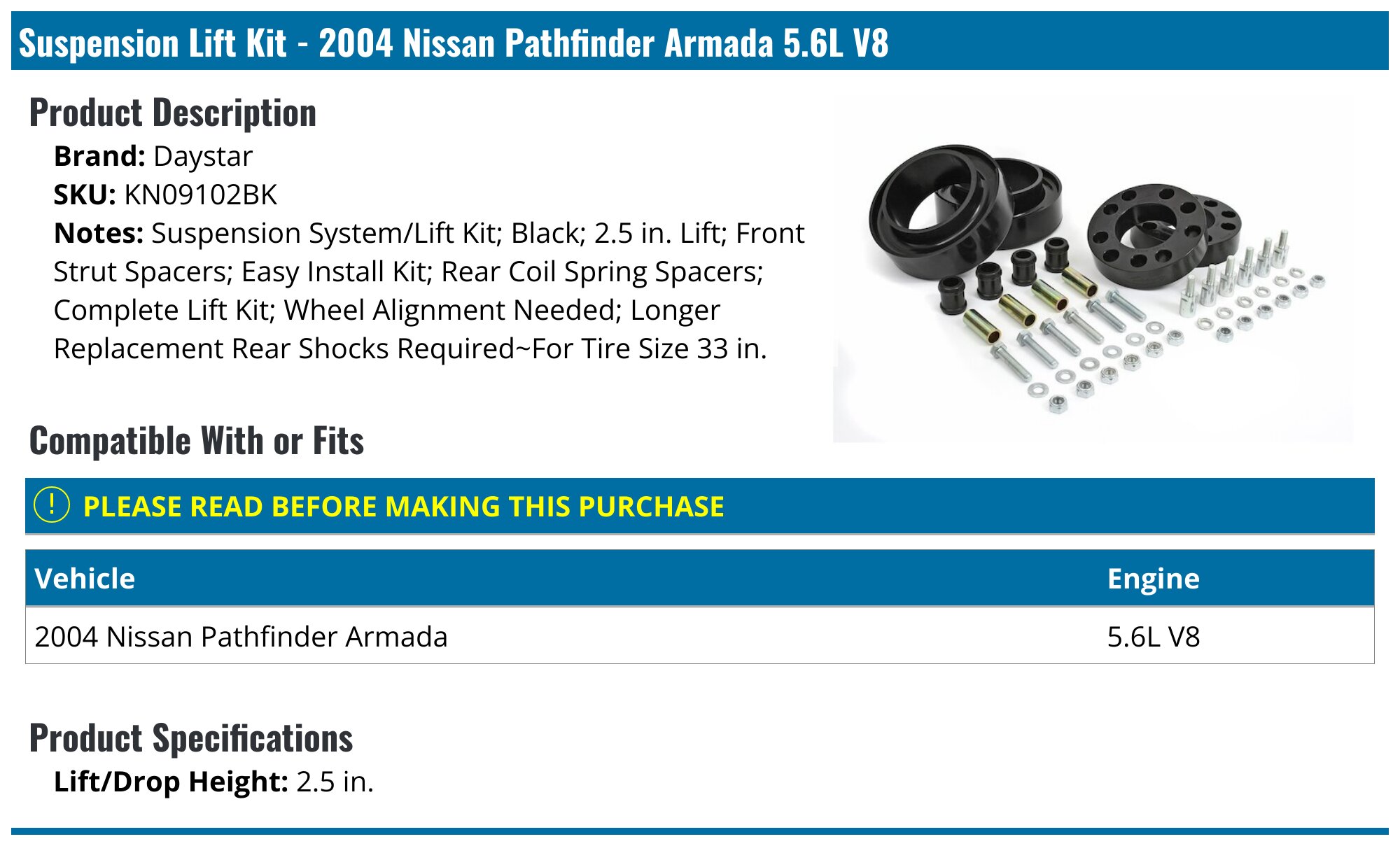 2004 Nissan Pathfinder Armada Suspension Lift Kit Daystar KN09102BK