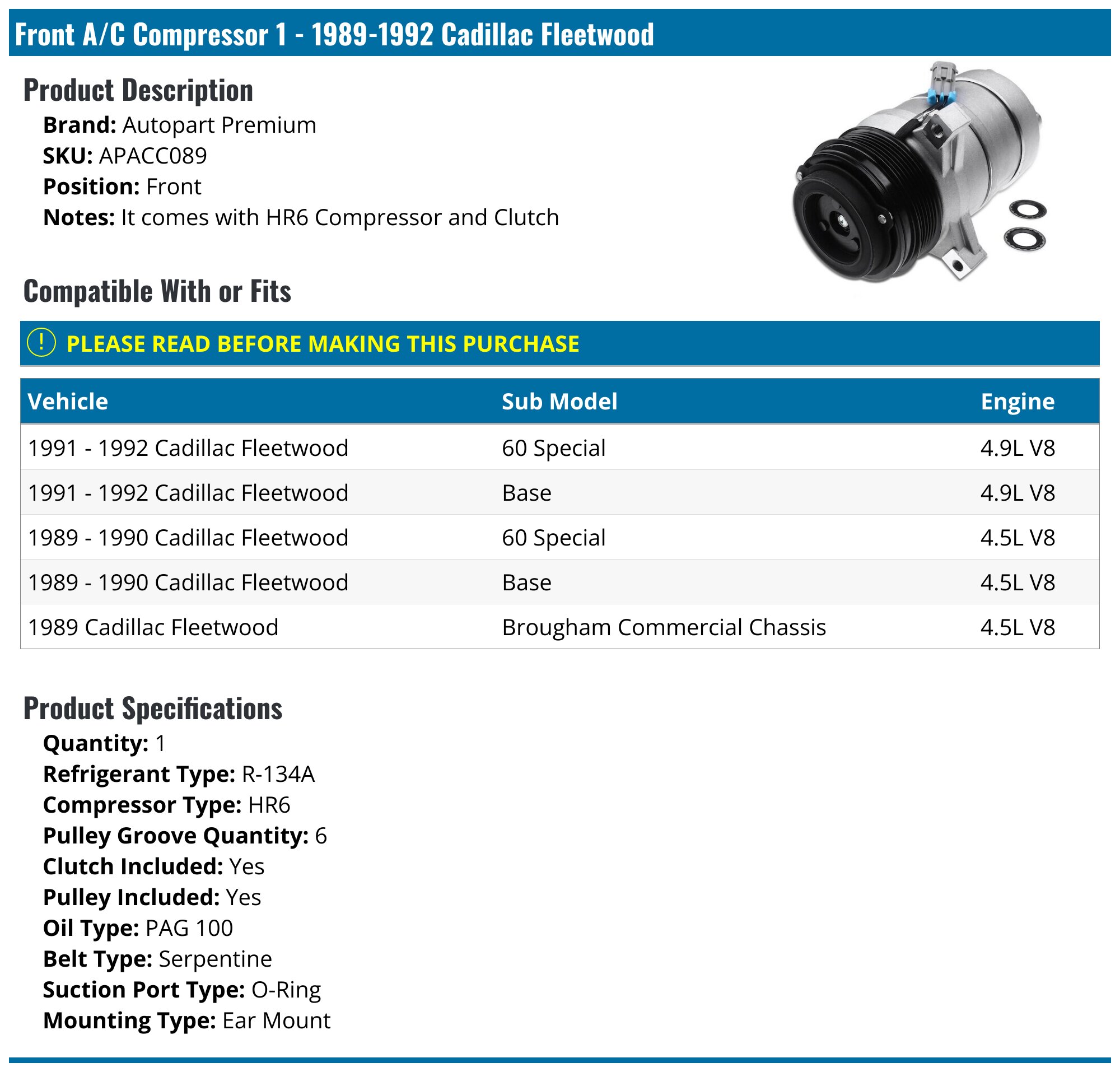 1989-1992 Cadillac Fleetwood A/C Compressor - Autopart Premium APACC089 ...