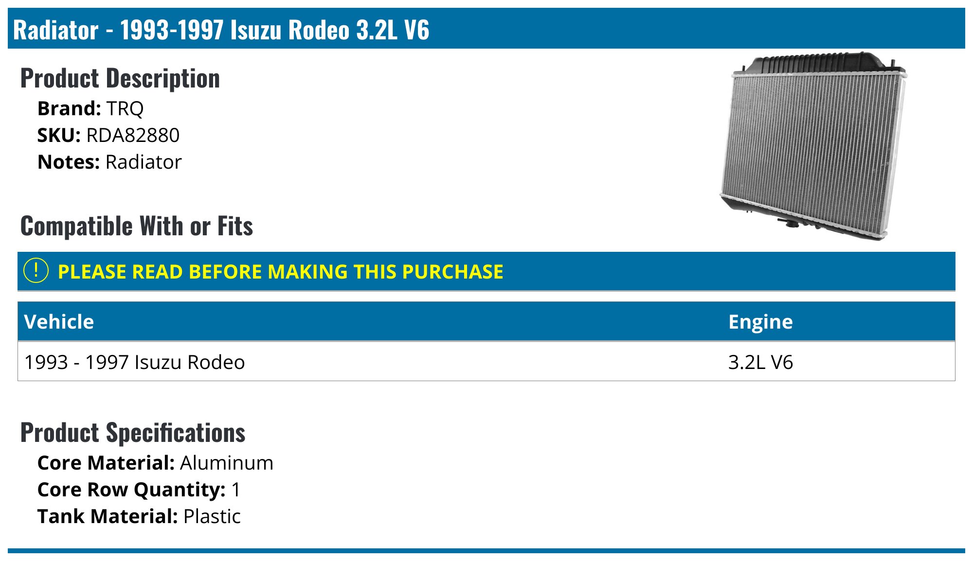 1993-1997 Isuzu Rodeo Radiator - TRQ RDA82880 - PartsGeek.com