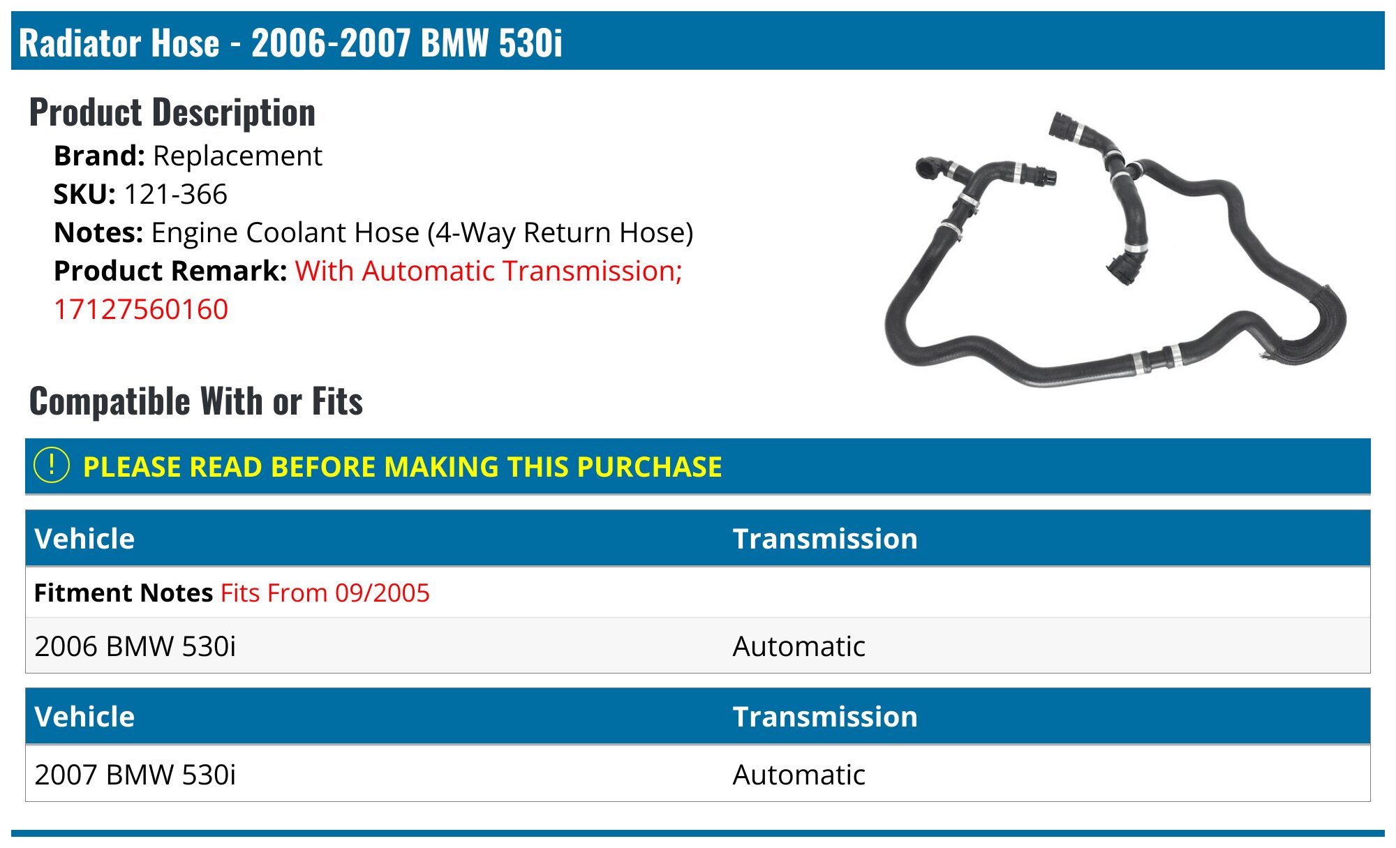 2006-2007 BMW 530i Radiator Hose - Replacement 121-366 - PartsGeek.com