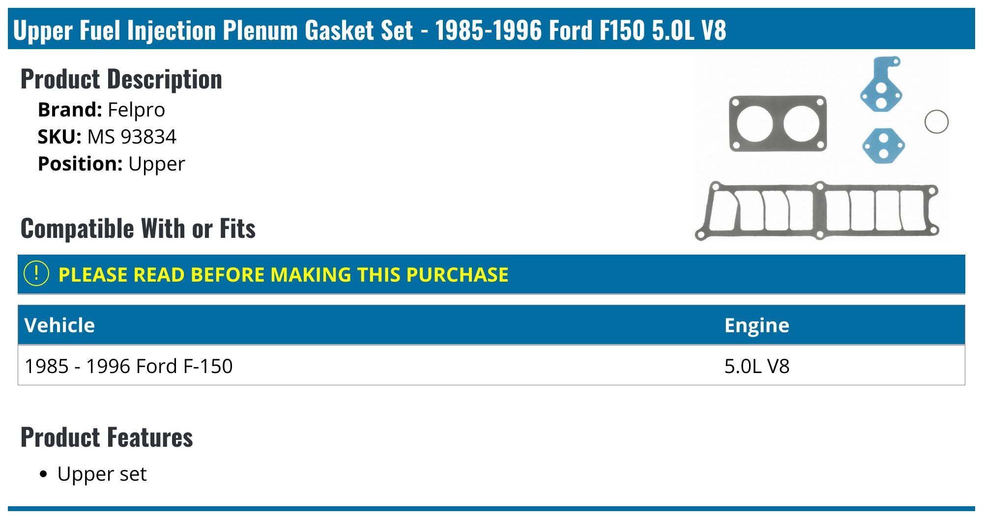 Lower and Upper Intake Manifold Gasket Set - 1985-1996 Ford F150 5.0L V8 - APEX 5288-02667840