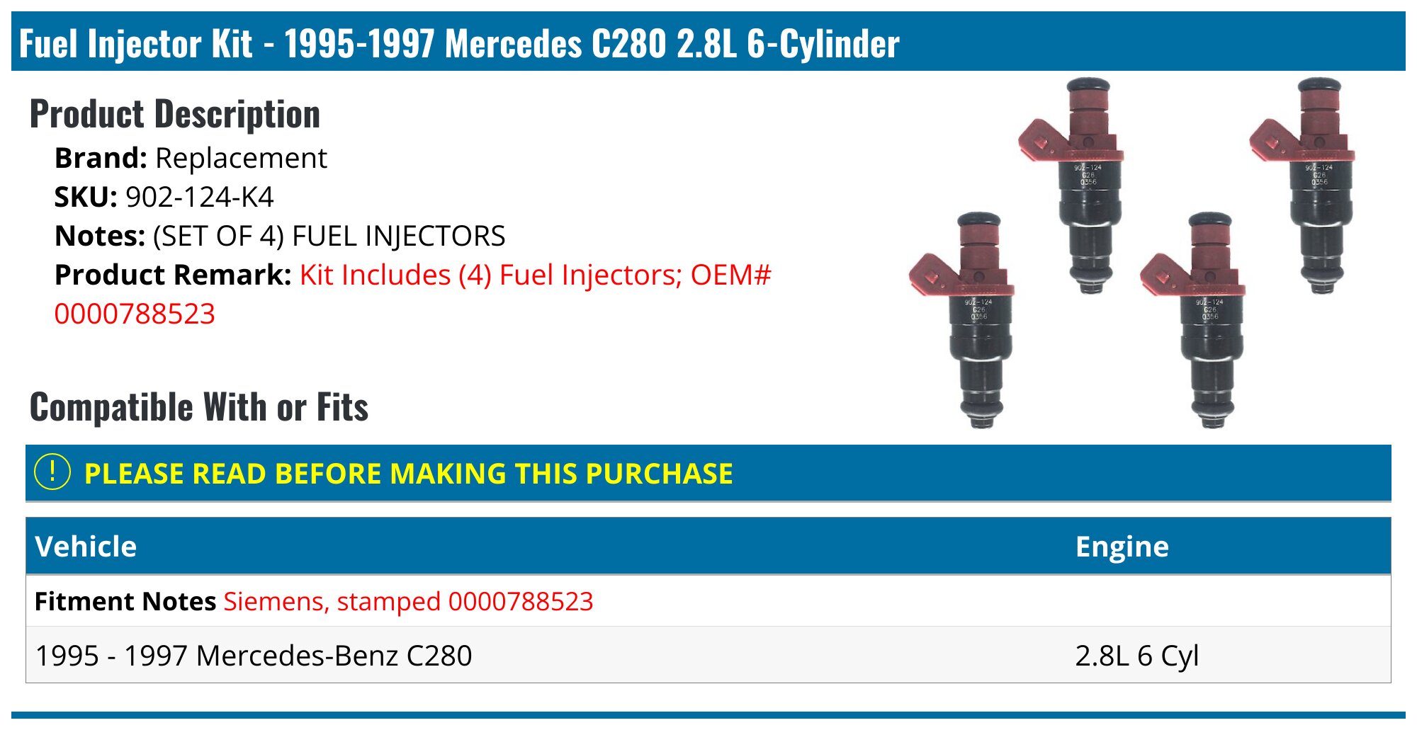 1995-1997 Mercedes C280 Fuel Injector - Replacement 902-124-K4 ...