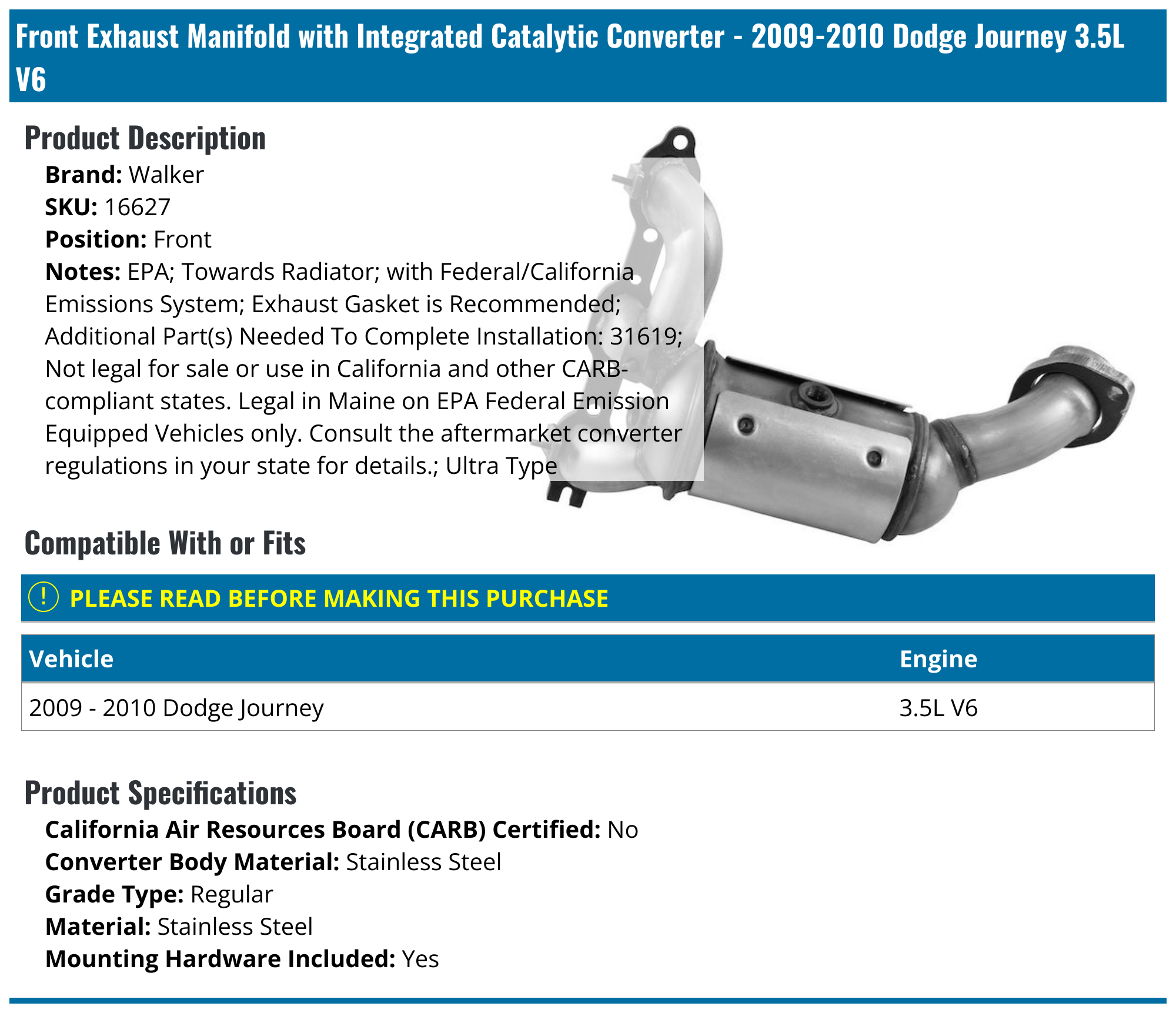 20092010 Dodge Journey Catalytic Converter Walker 16627 Front