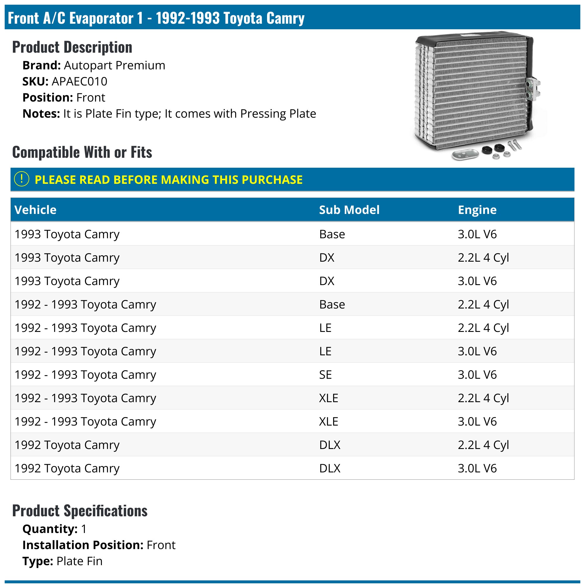 1992-1993 Toyota Camry A/C Evaporator - Autopart Premium APAEC010 ...