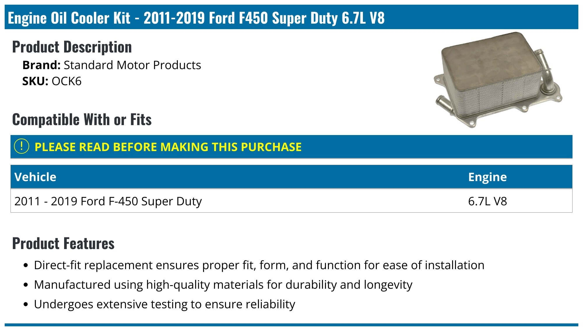 2011-2019 Ford F450 Super Duty Oil Cooler - Standard Motor Products ...