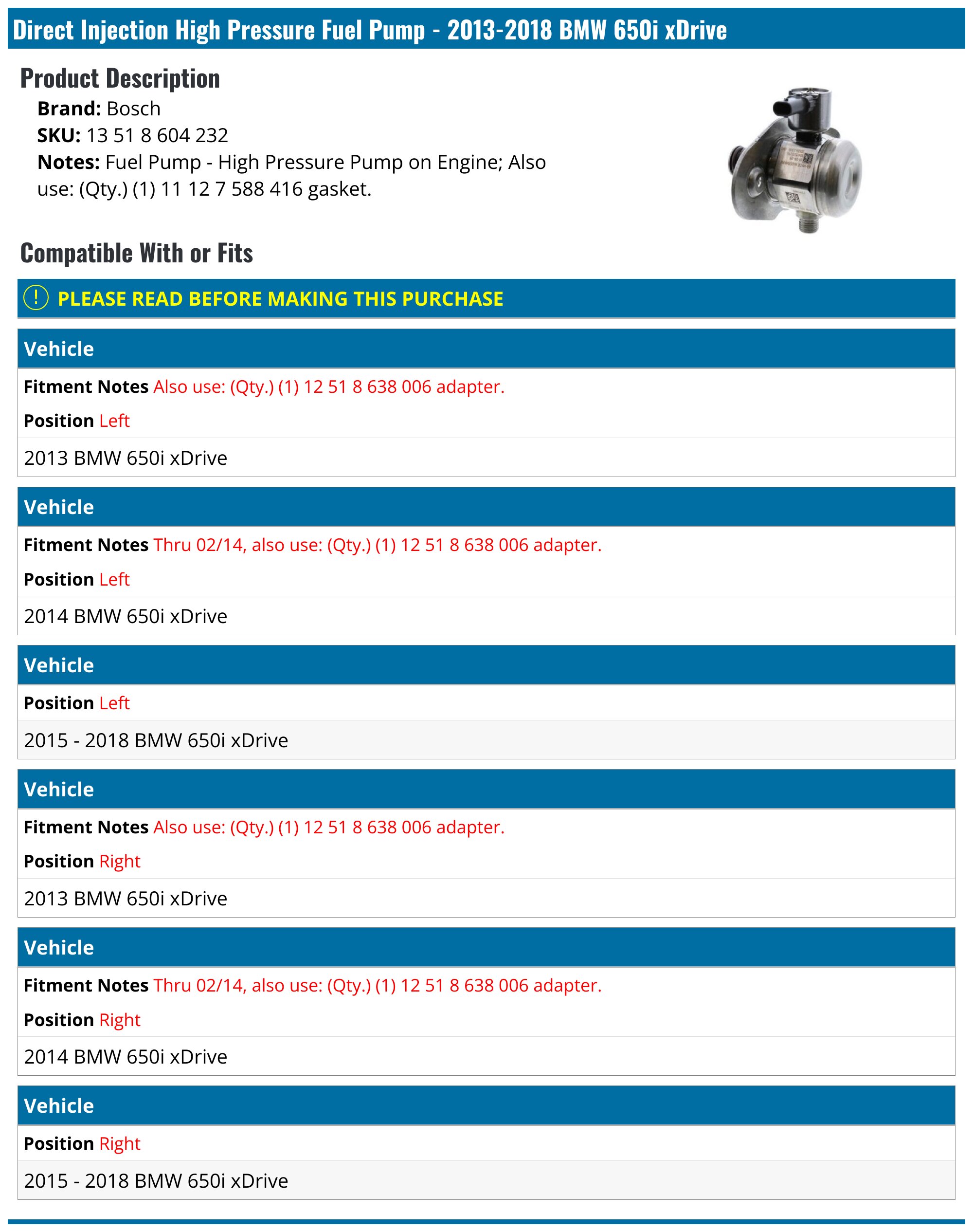 2013-2018 BMW 650i xDrive Fuel Pump - Bosch 13 51 8 604 232 - Left ...