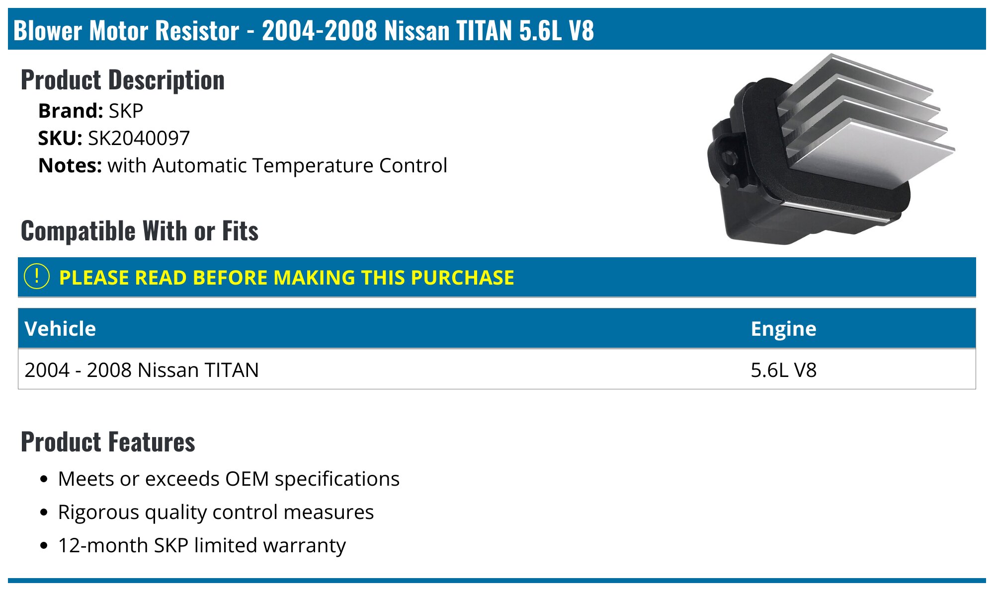 HVAC Blower Motor Resistor For Nissan Sentra, Cube, Jeep Grand Cherokee, Mini