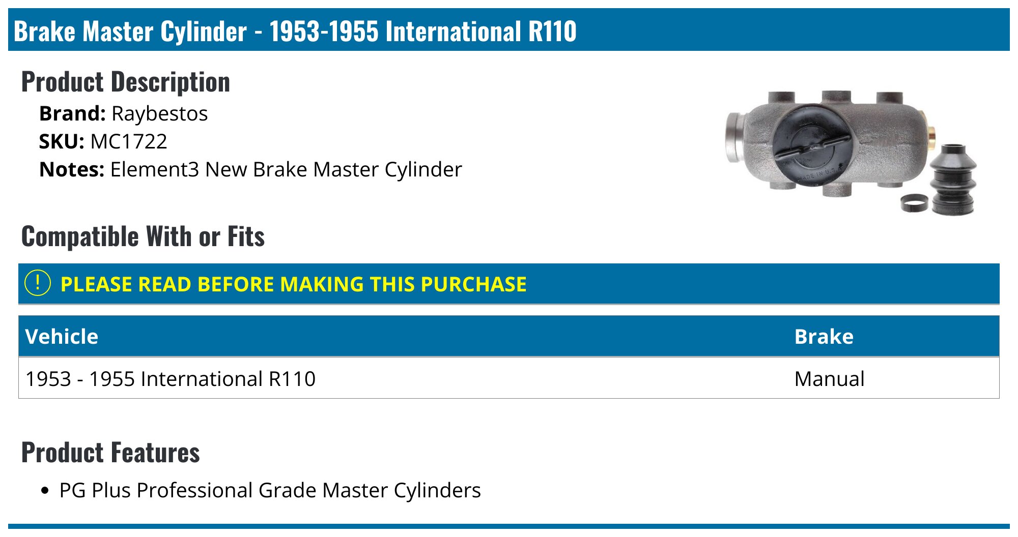 Raybestos MC1722 Mstr Cylinder