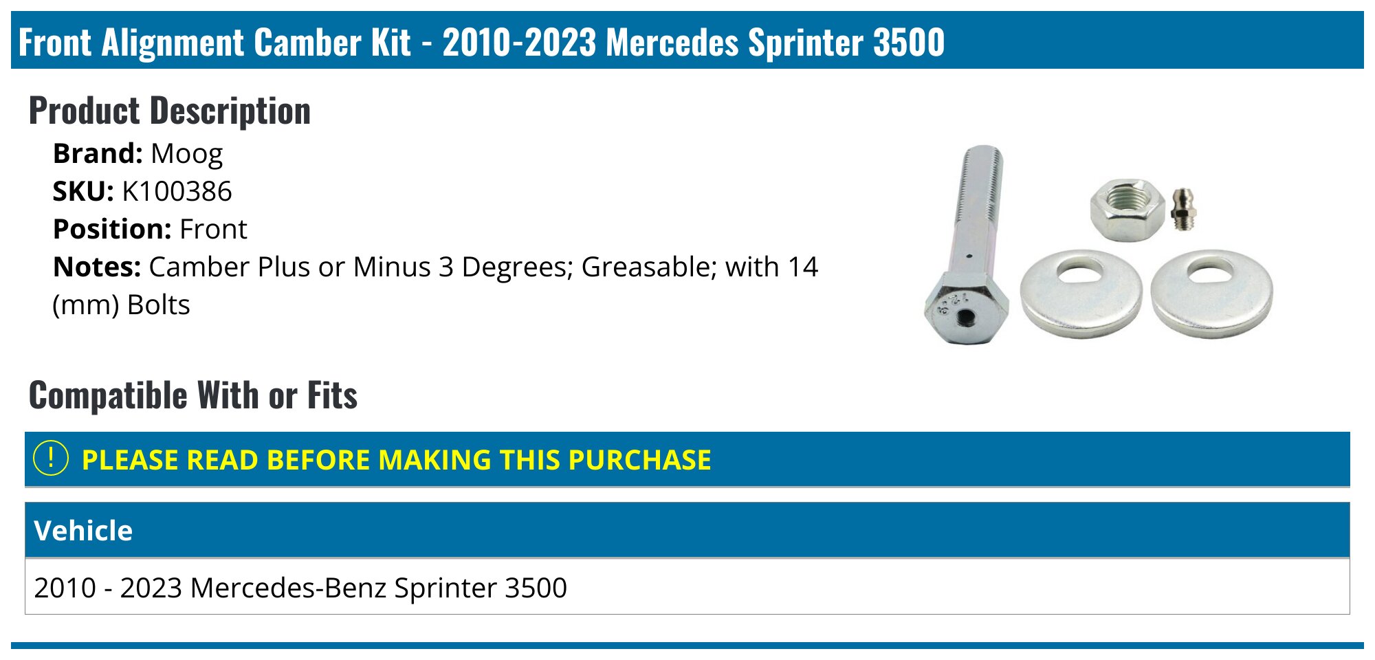2010-2023 Mercedes Sprinter 3500 Alignment Camber Kit - Moog K100386 ...