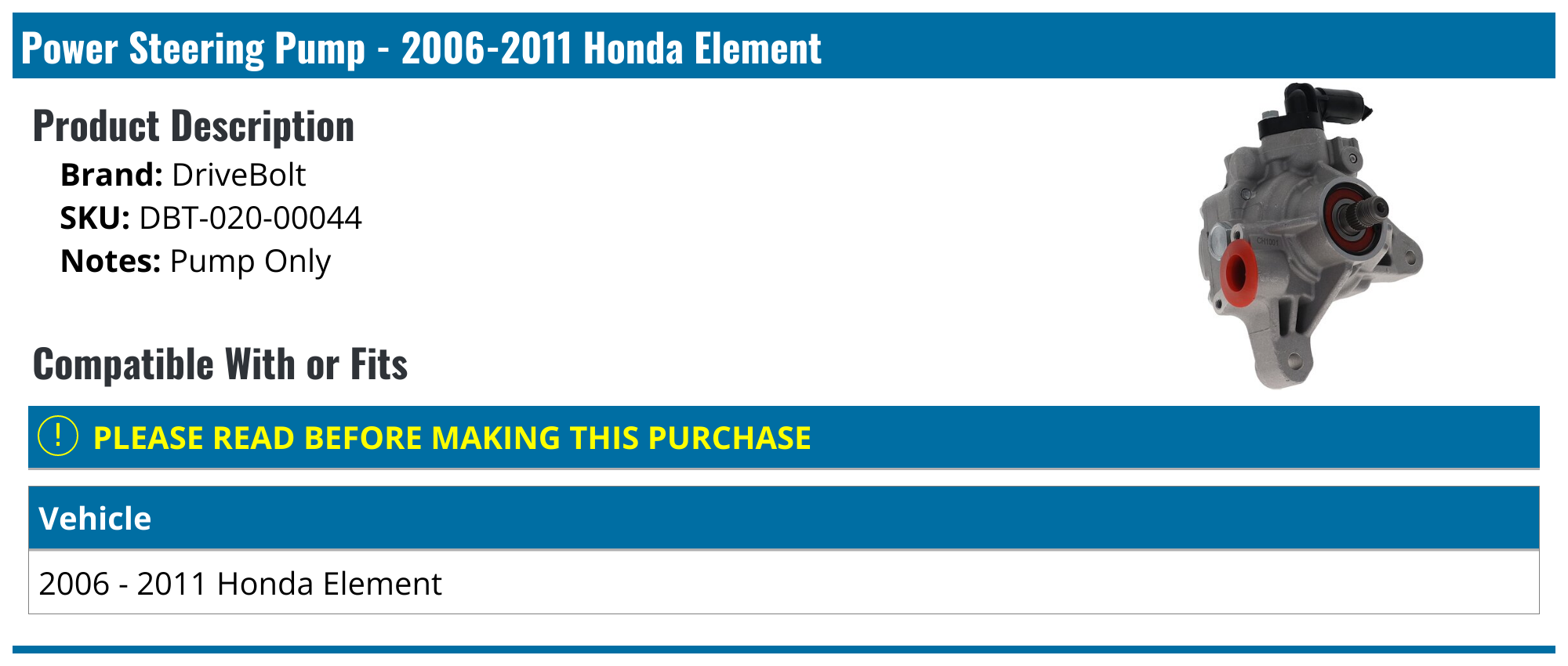 20062011 Honda Element Power Steering Pump DriveBolt DBT02000044