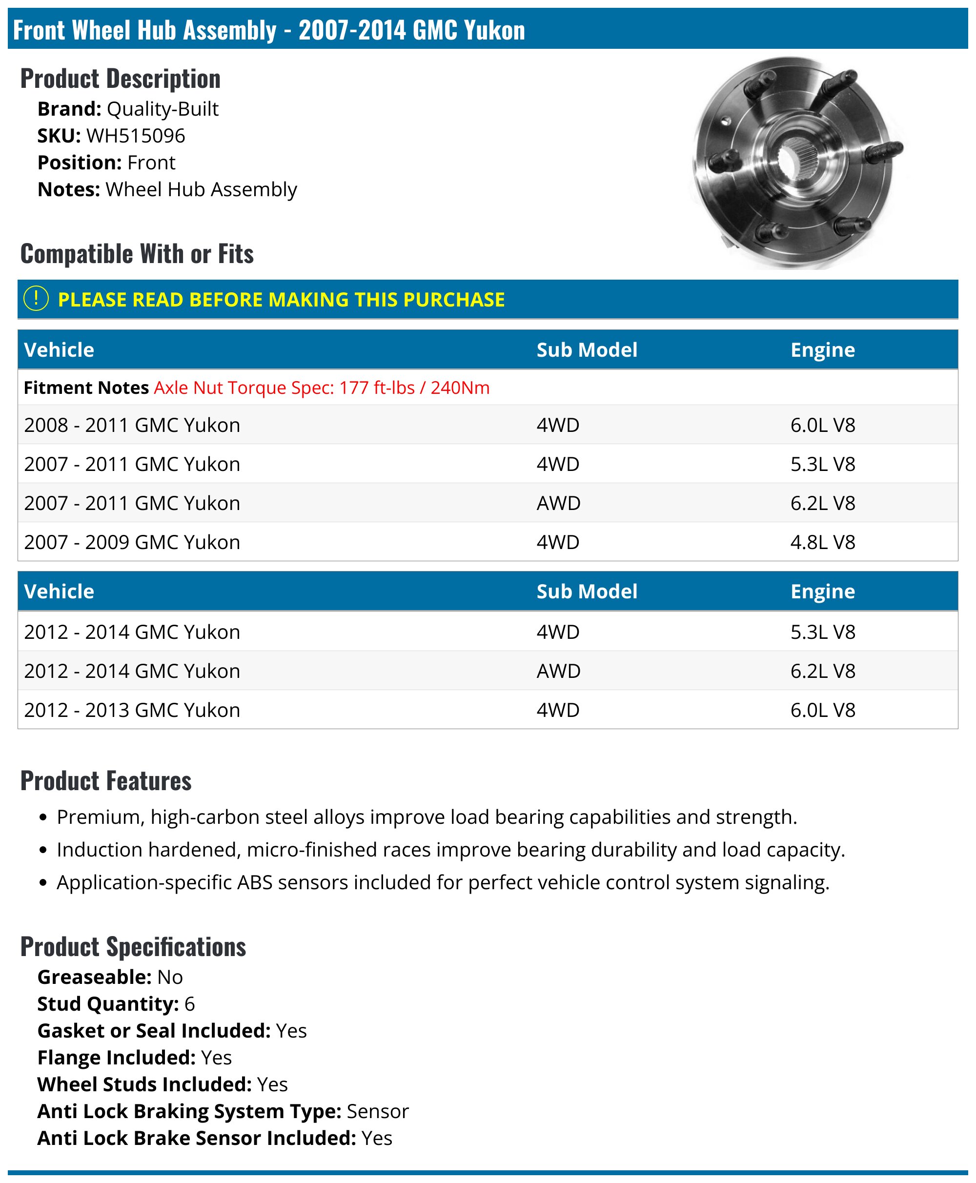 Front Wheel Bearing & Hub Assembly For Chevy/GMC 00-06 Tahoe, Yukon, Suburban 1500 2WD - FKG 515053 (Left Or Right, With ABS)