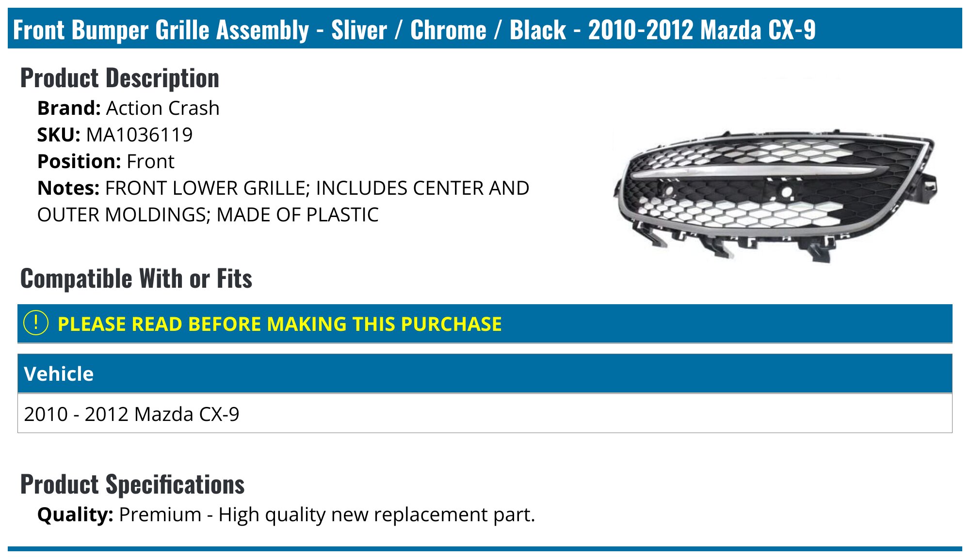 2010-2012 Mazda CX9 Grille Assembly - Action Crash MA1036119