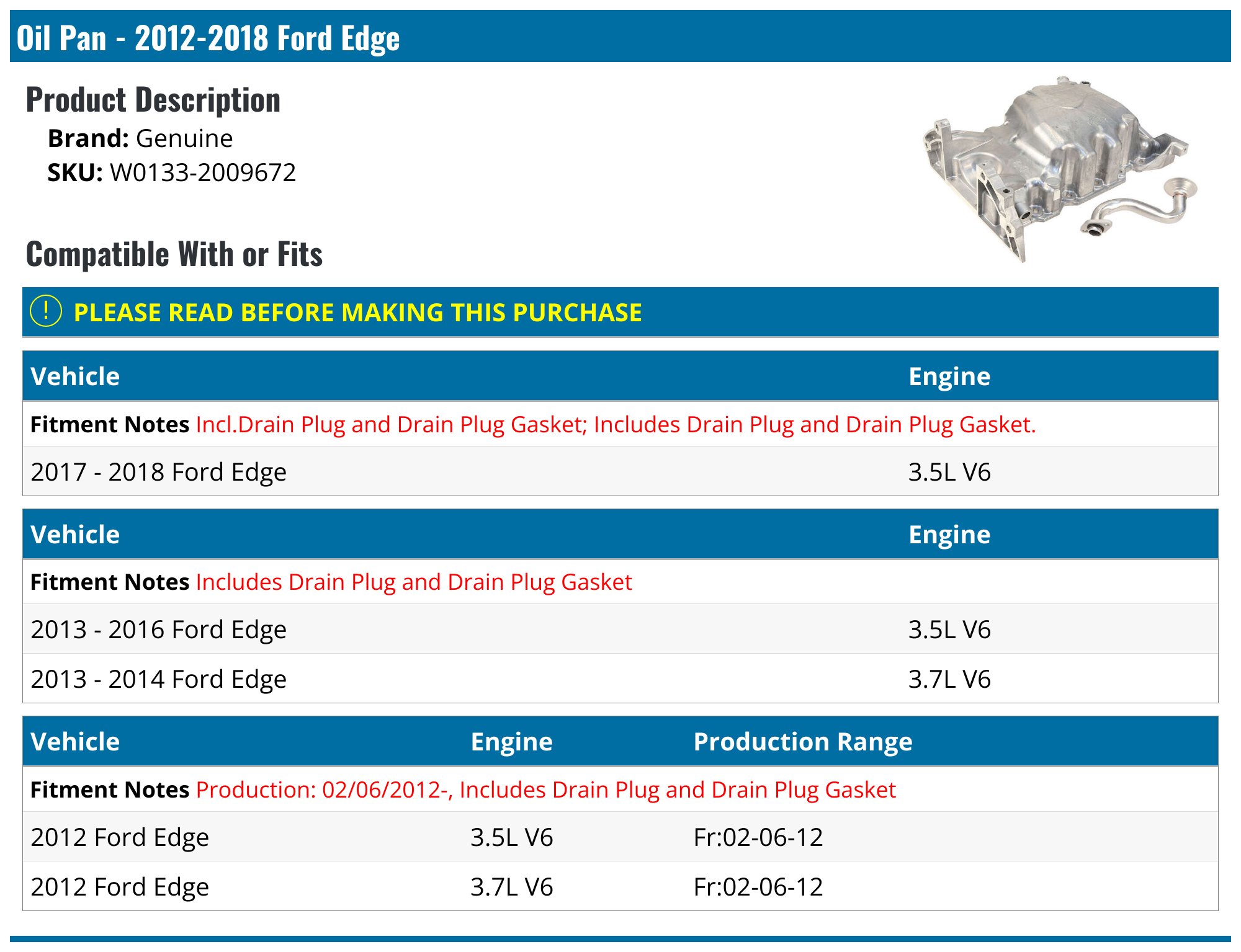 20122018 Ford Edge Oil Pan Genuine W01332009672