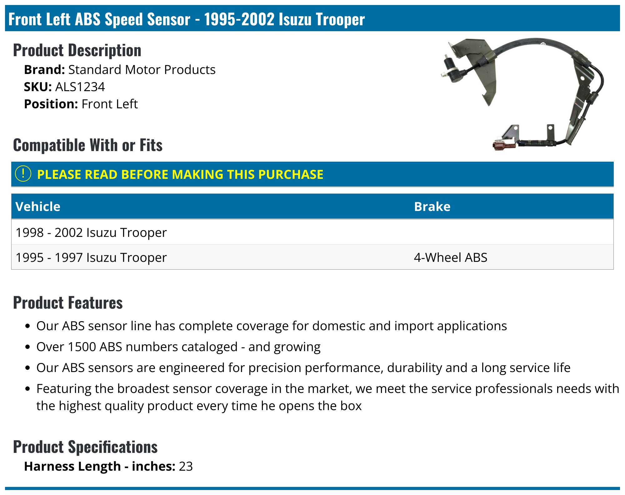 Front Right ABS Speed Sensor For 1995-02 Isuzu Trooper 1996-99 SLX Wheel Mounted - Foto 3