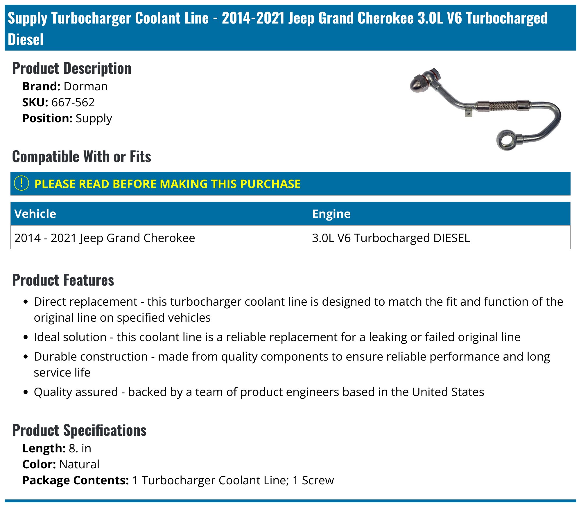 Turbocharger Coolant Line For Jeep Grand Cherokee & Ram 1500 3.0L V6 | 2014-2021 Replacement