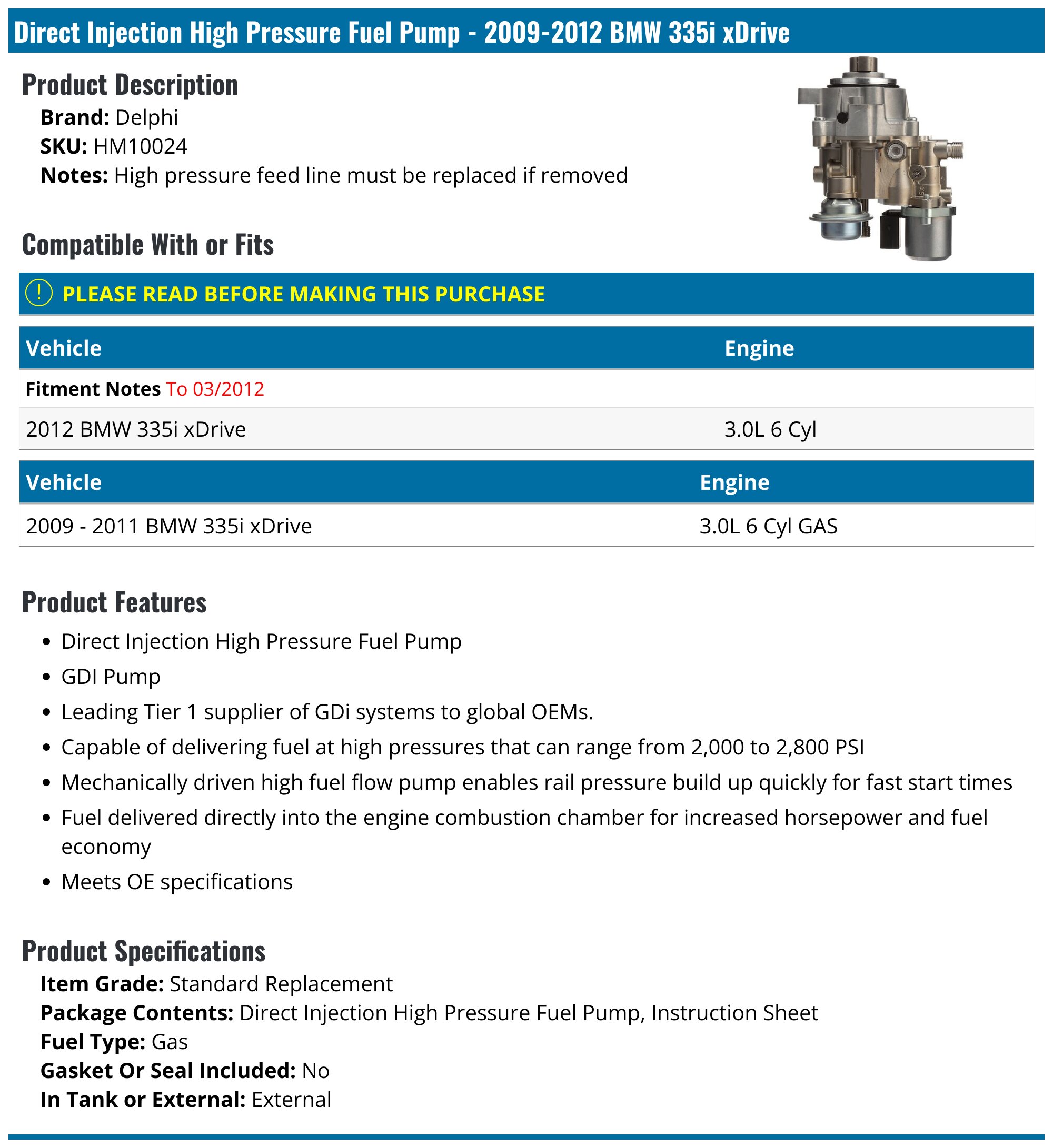 2009-2012 BMW 335i xDrive Fuel Pump - Delphi HM10024 - PartsGeek.com