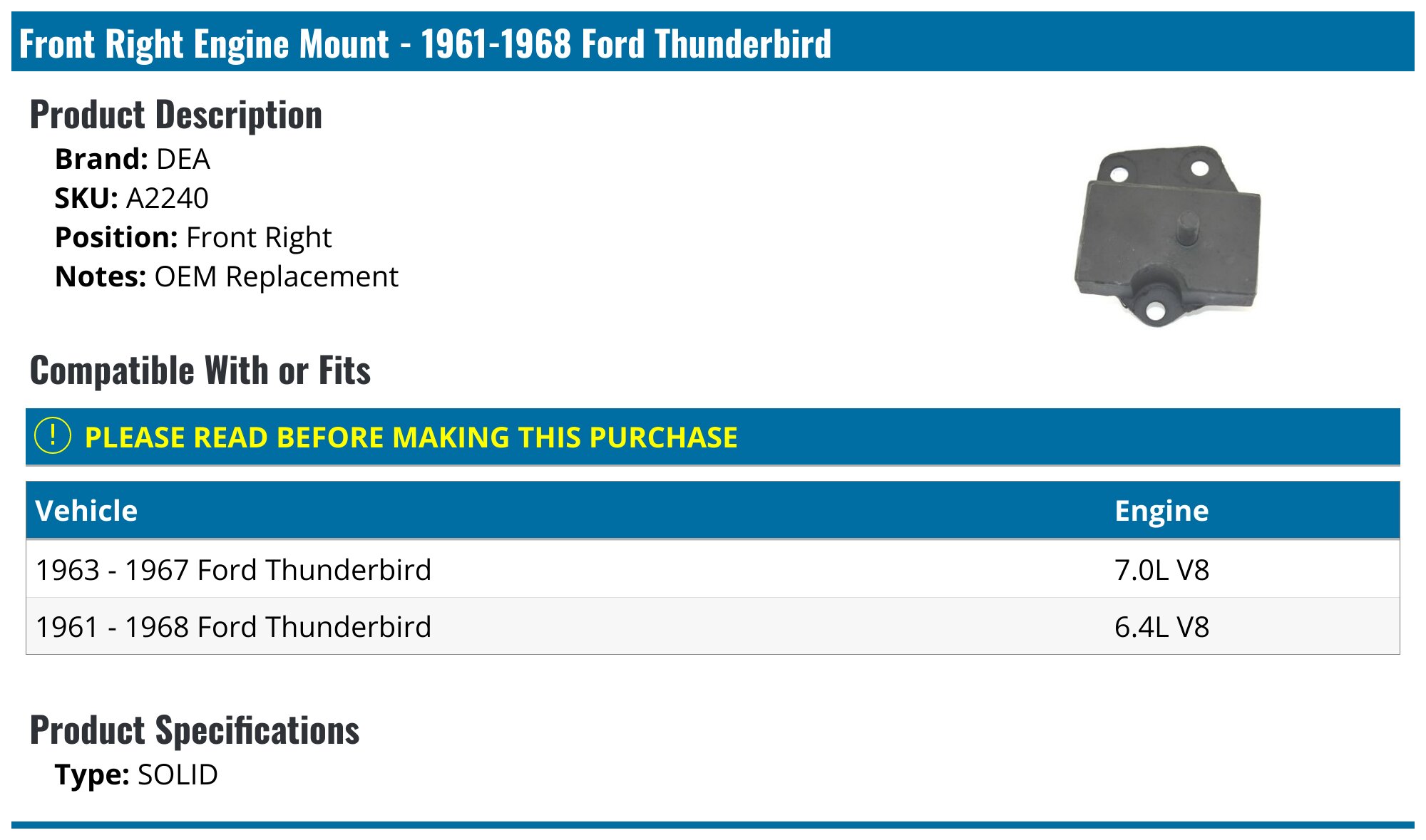 19611968 Ford Thunderbird Engine Mount DEA A2240 Front Right