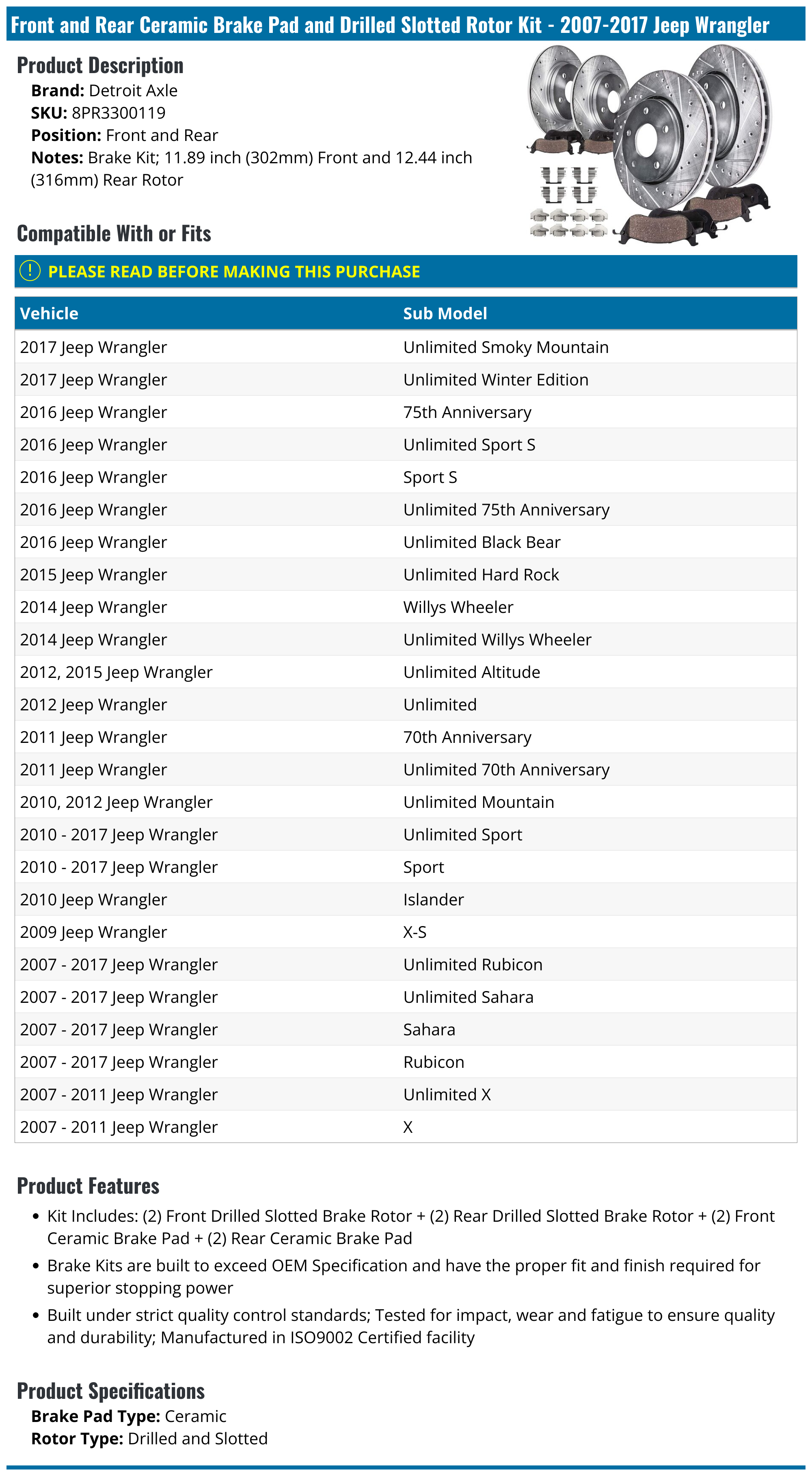 20072017 Jeep Wrangler Brake Rotor Detroit Axle 8PR3300119 Front