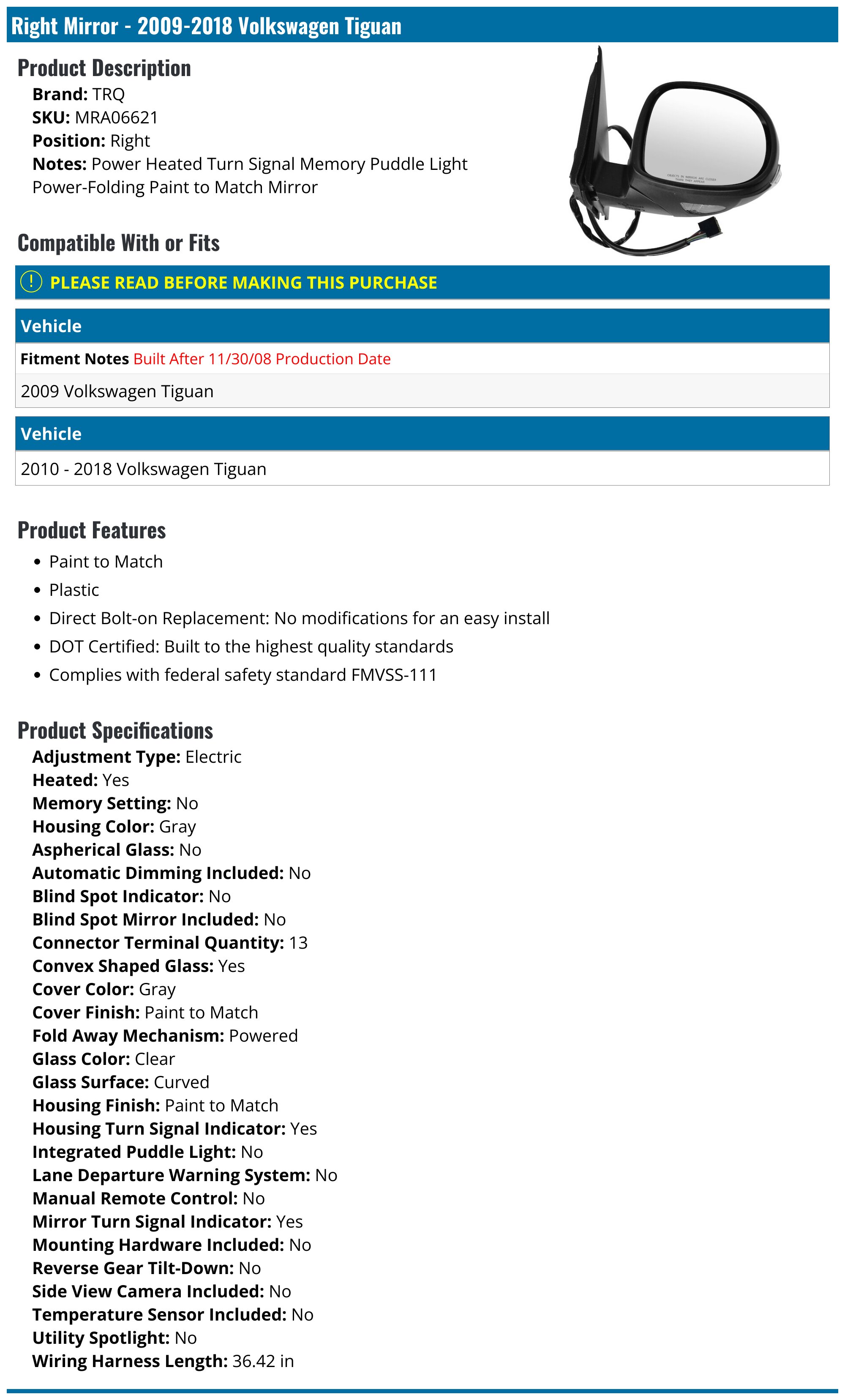 Driver Side Door Mirror For Volkswagen Tiguan 2009-2017 - Power Heated With Signal Light Replacement