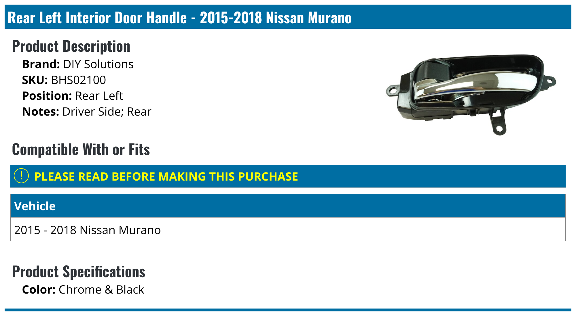 20152018 Nissan Murano Door Handle DIY Solutions BHS02100 Rear