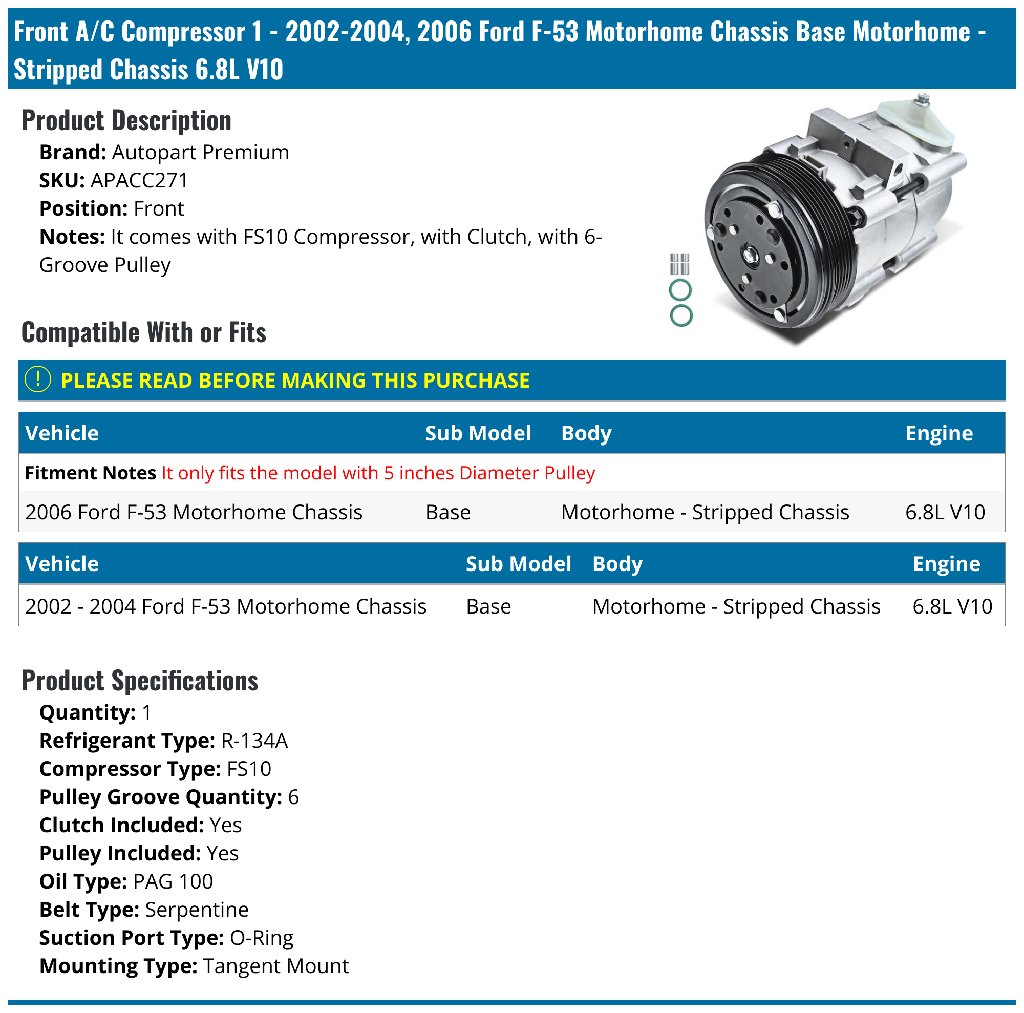 2002-2004, 2006 Ford F-53 Motorhome Chassis A/C Compressor - Autopart ...