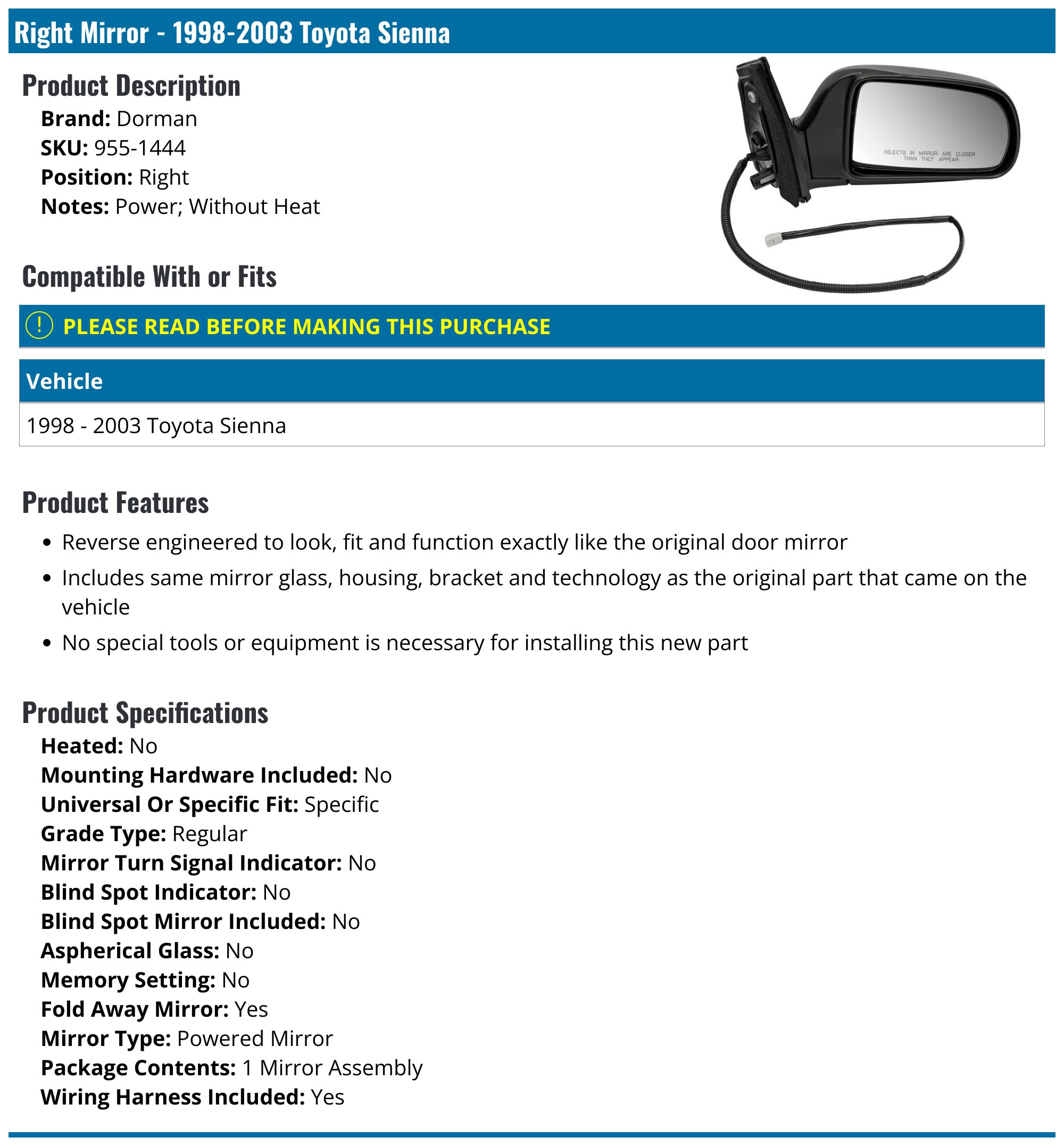 Dorman 955-1444 Passenger Side Power Folding Door Mirror - Black, Compatible With Select Toyota Models