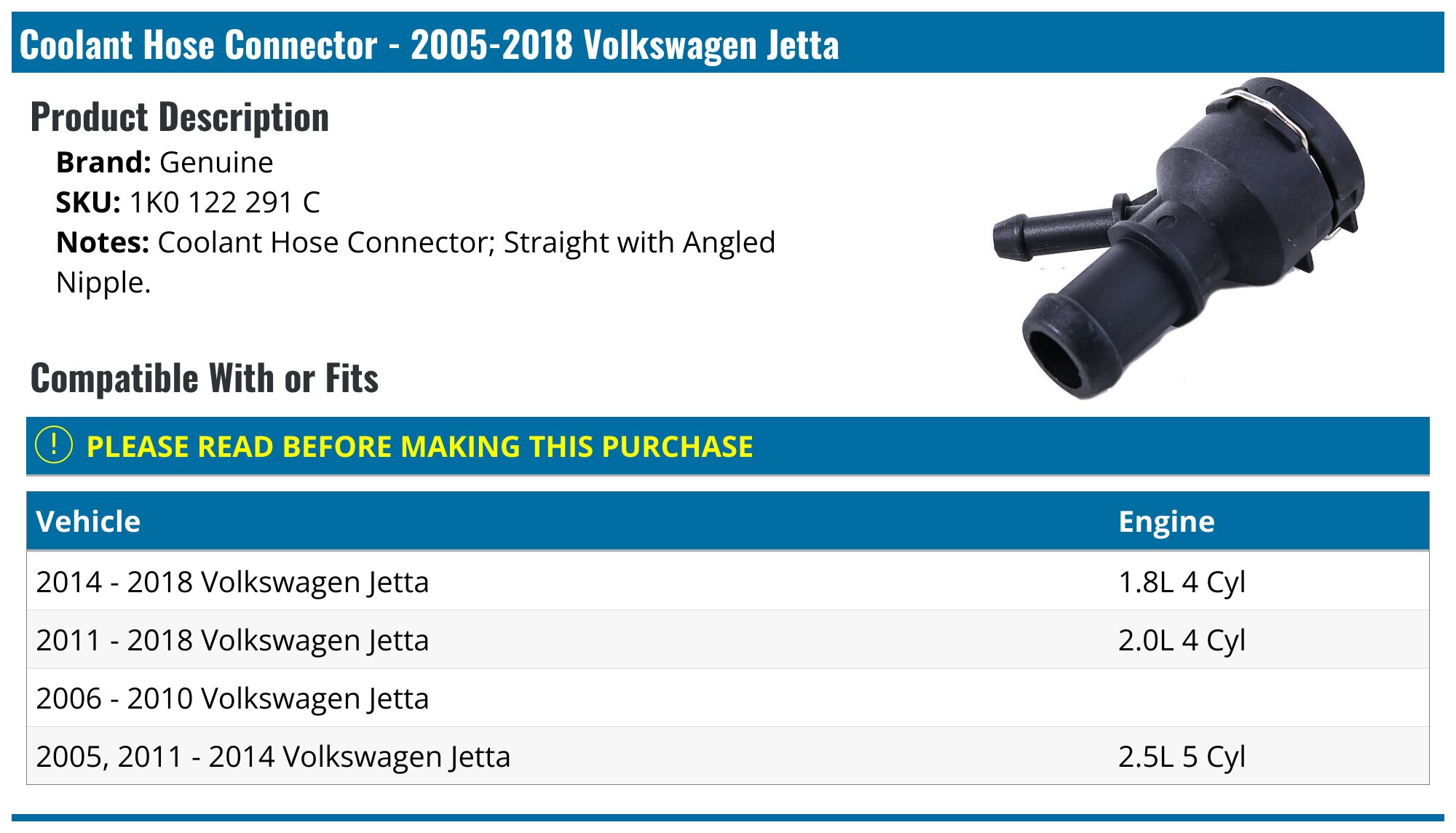 20052018 Volkswagen Jetta Coolant Hose Connector Genuine 1K0 122 291 C