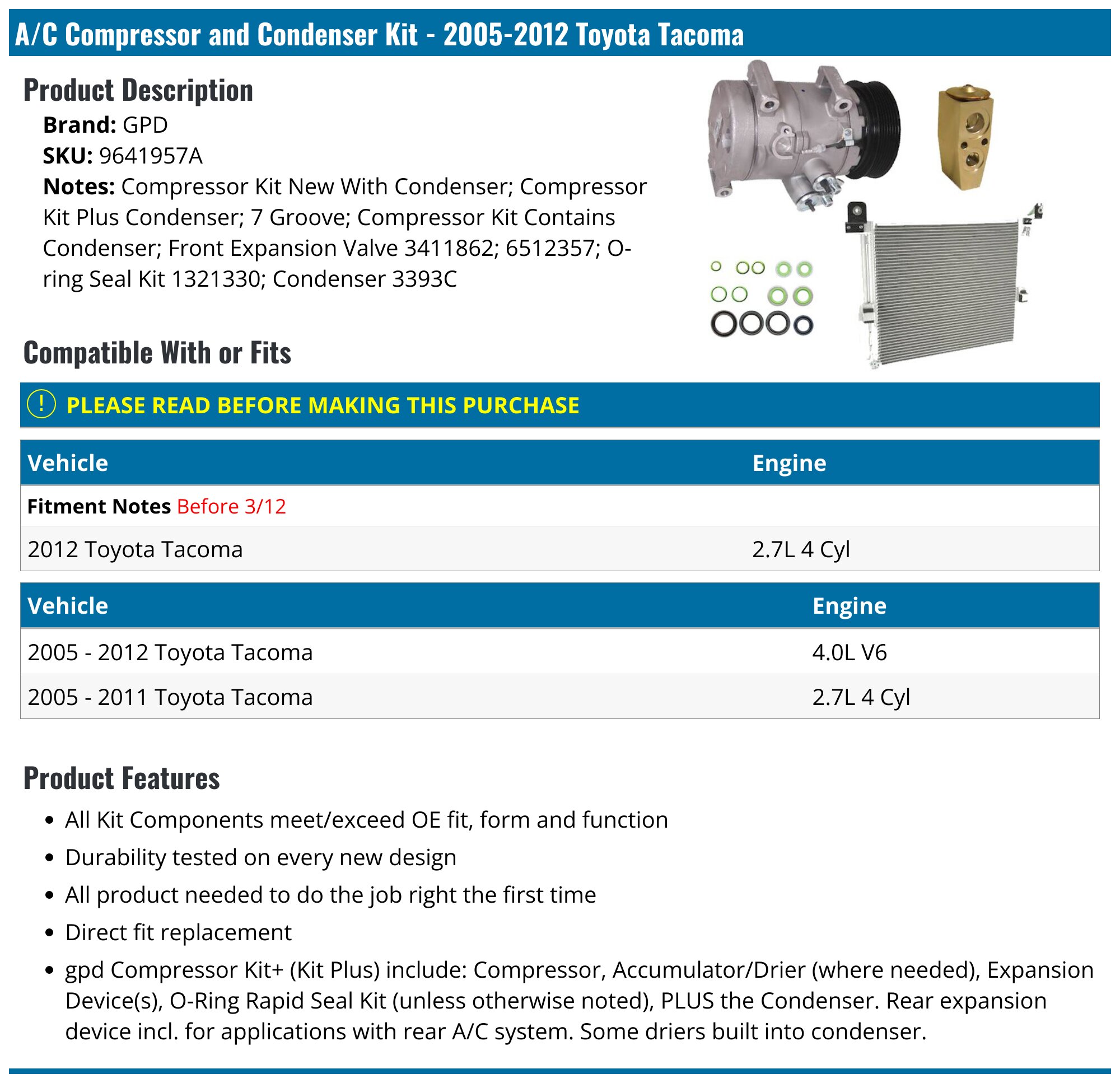2005-2012 Toyota Tacoma A/C Compressor - GPD 9641957A - PartsGeek.com