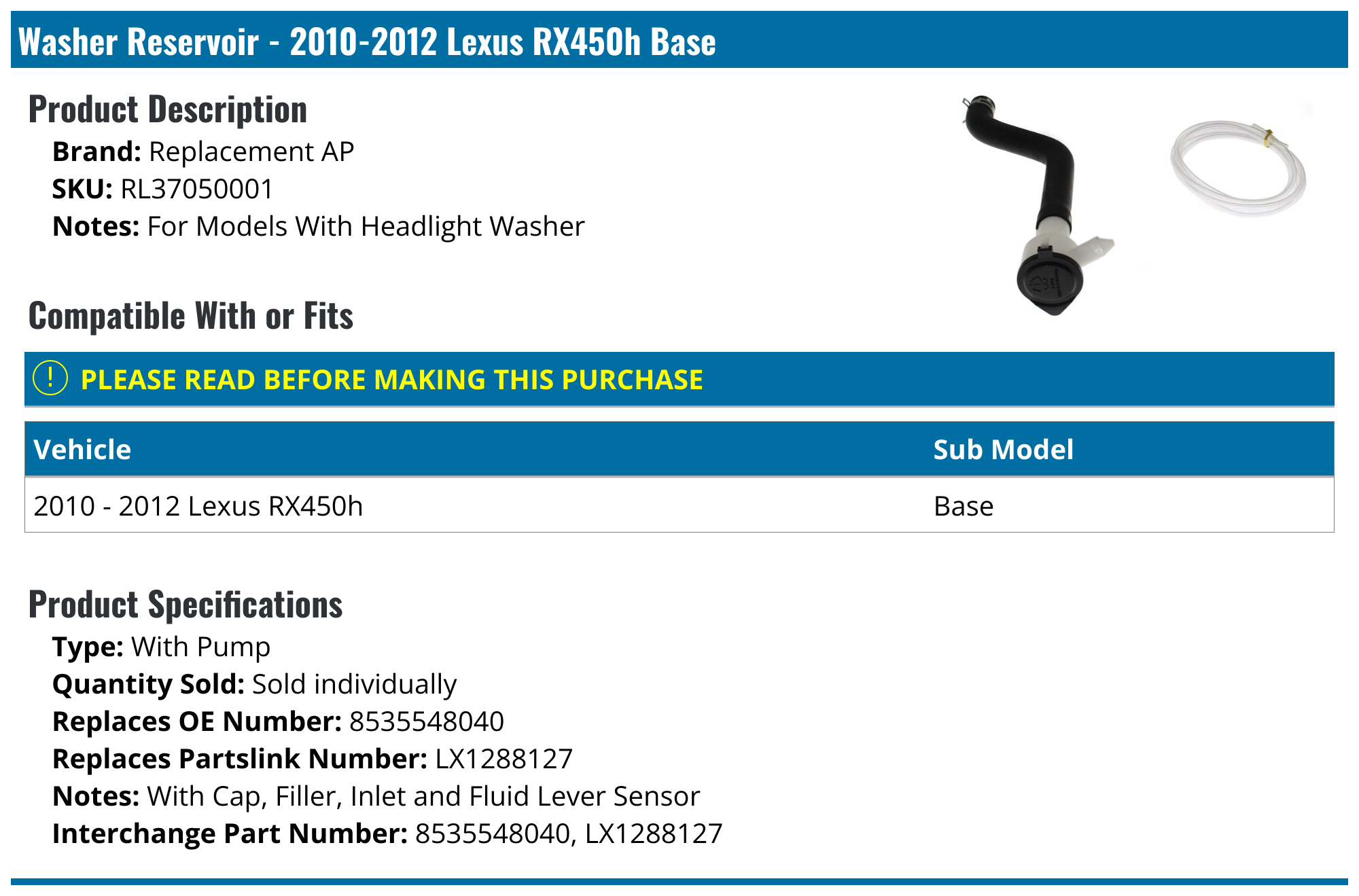 20102012 Lexus RX450h Windshield Washer Tank Replacement AP
