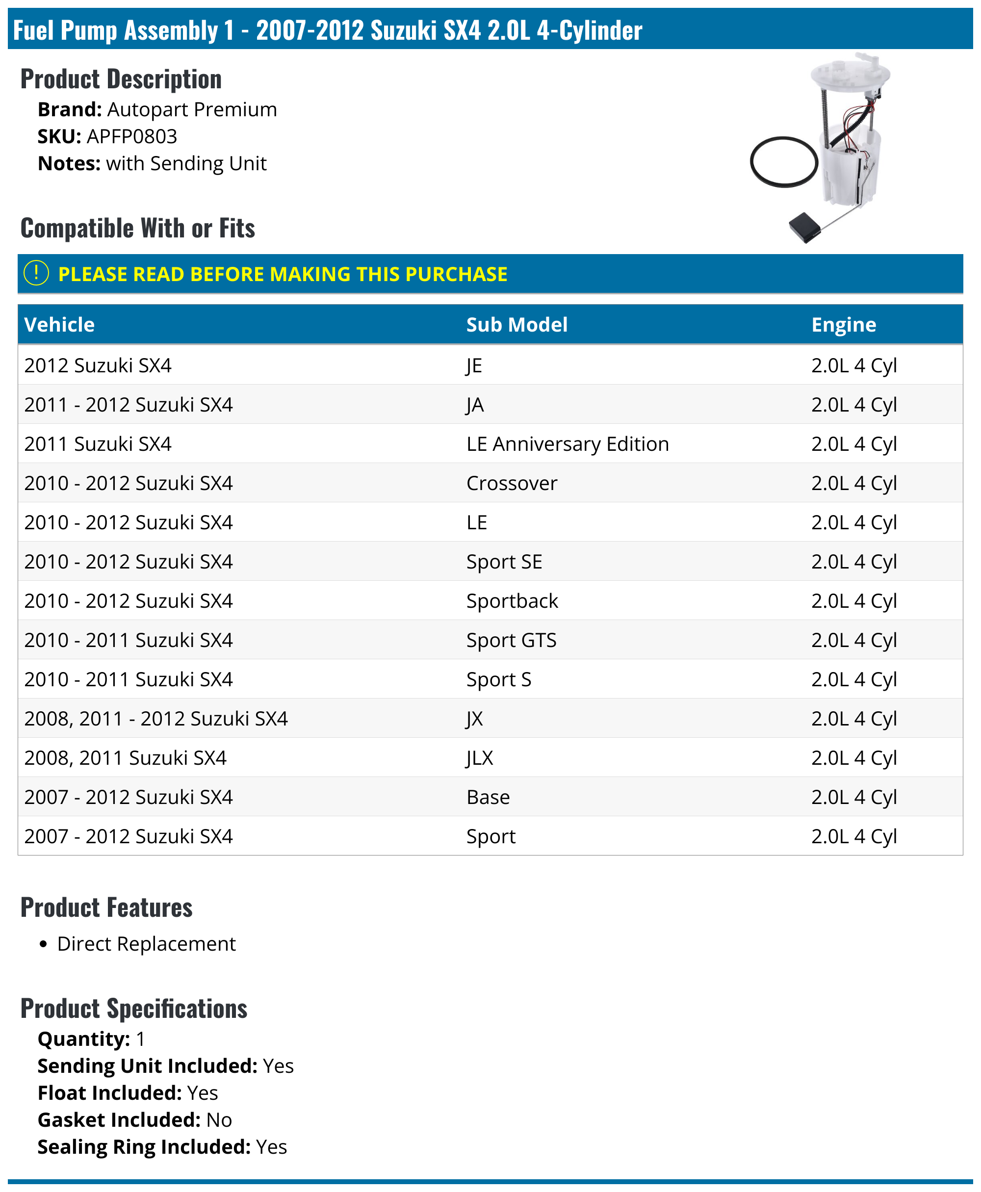 20072012 Suzuki SX4 Fuel Pump Autopart Premium APFP0803