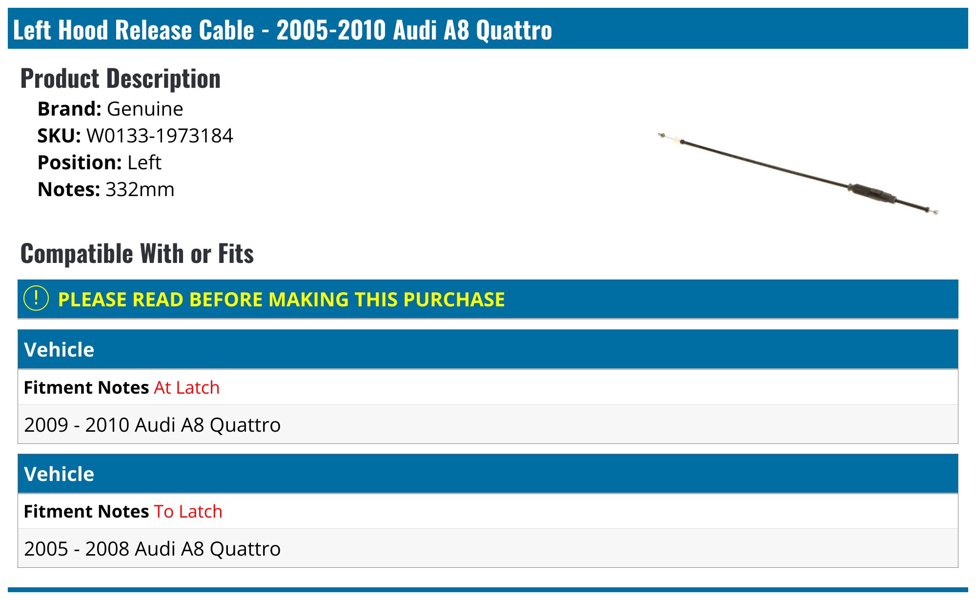 ACROPIX Hood Release Cable 4E0823530A For Audi A8 (2004-2010), A8/S8 Quattro (2003-2010), R8 (2007-2015) - 1 Piece