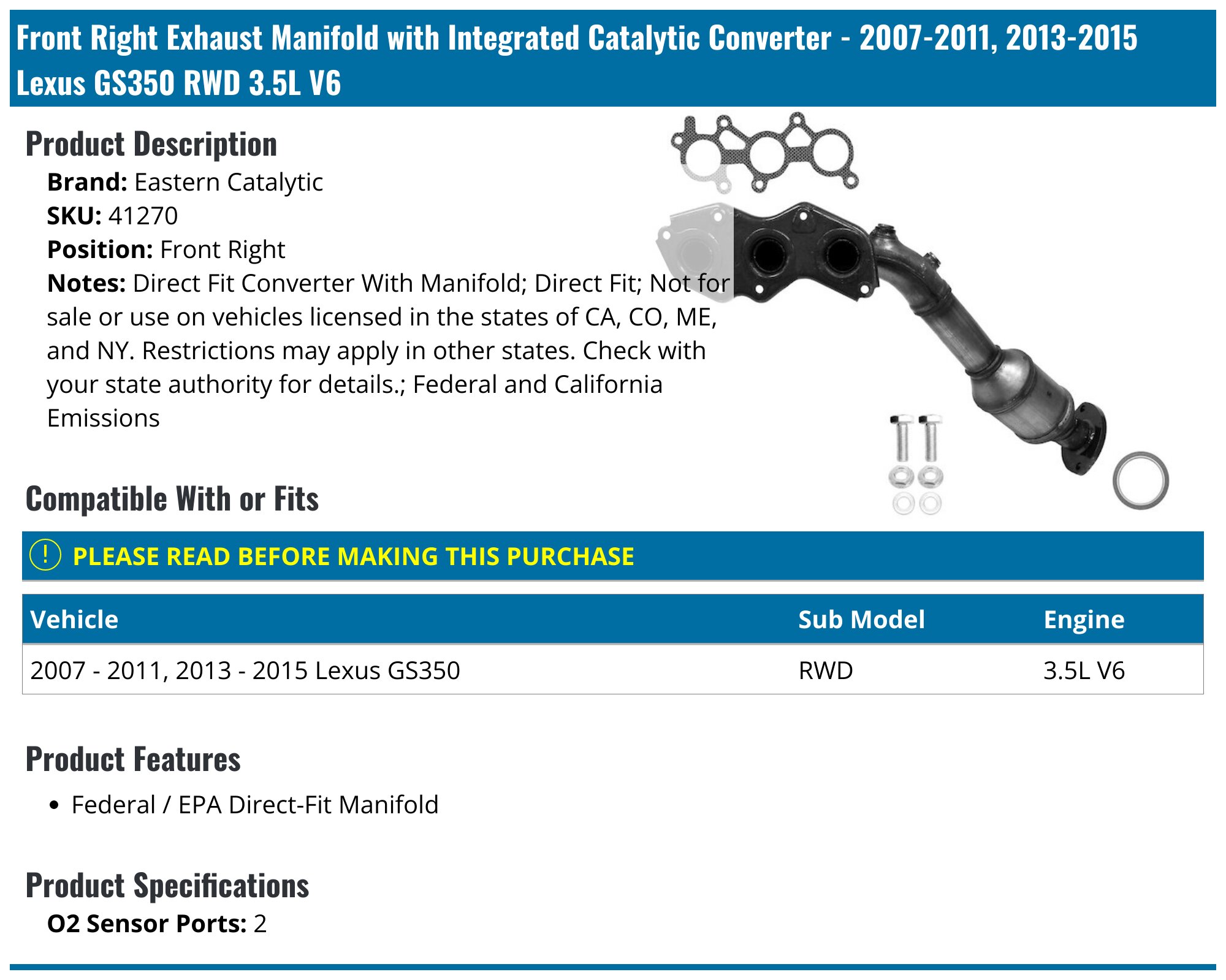 BR EPA-Compliant AWD Catalytic Converter Set – Left & Right For Lexus GS350 2007-2015 / IS250 2006-2015 – 3.0L, Stainless Steel