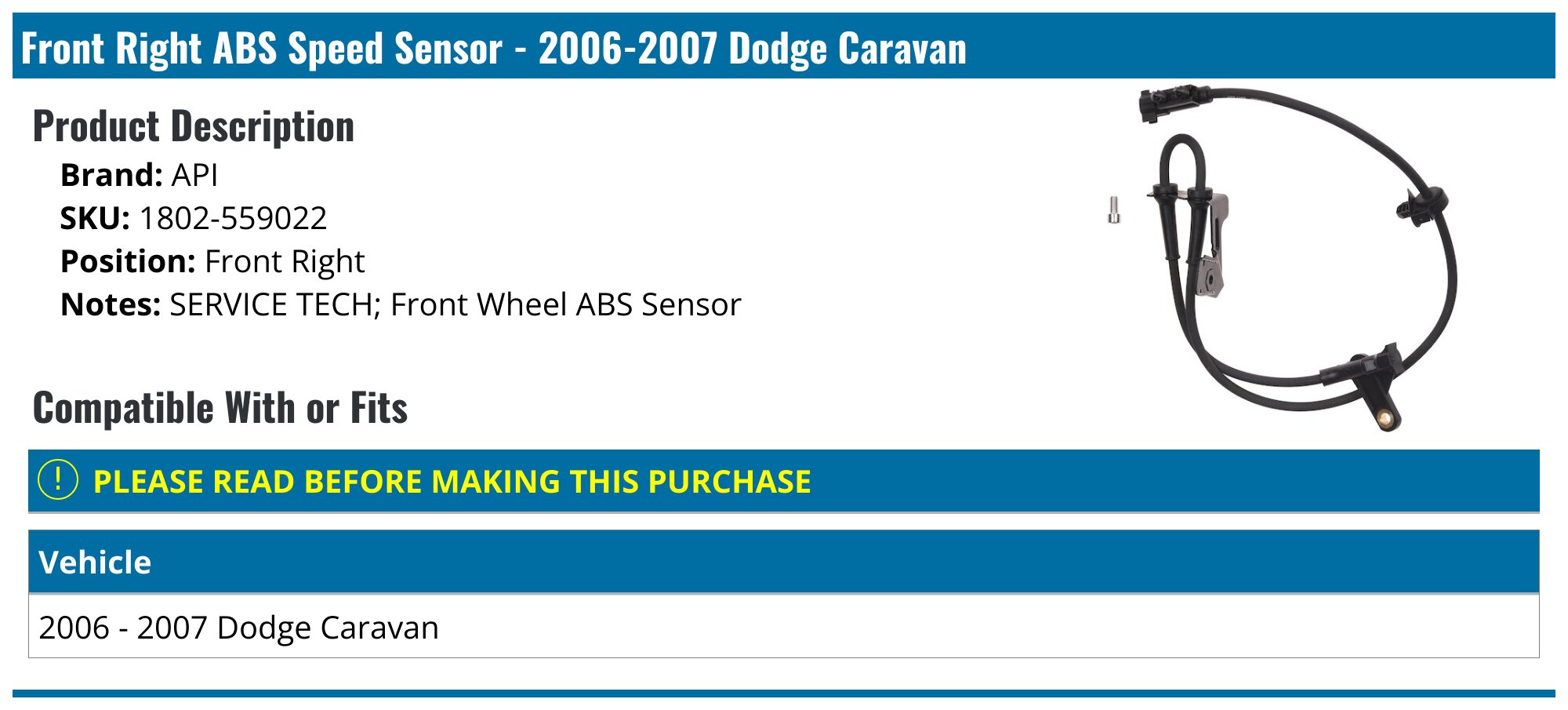 Set Of 2 Front ABS Wheel Speed Sensors Left & Right For Dodge Caravan 2006-2007
