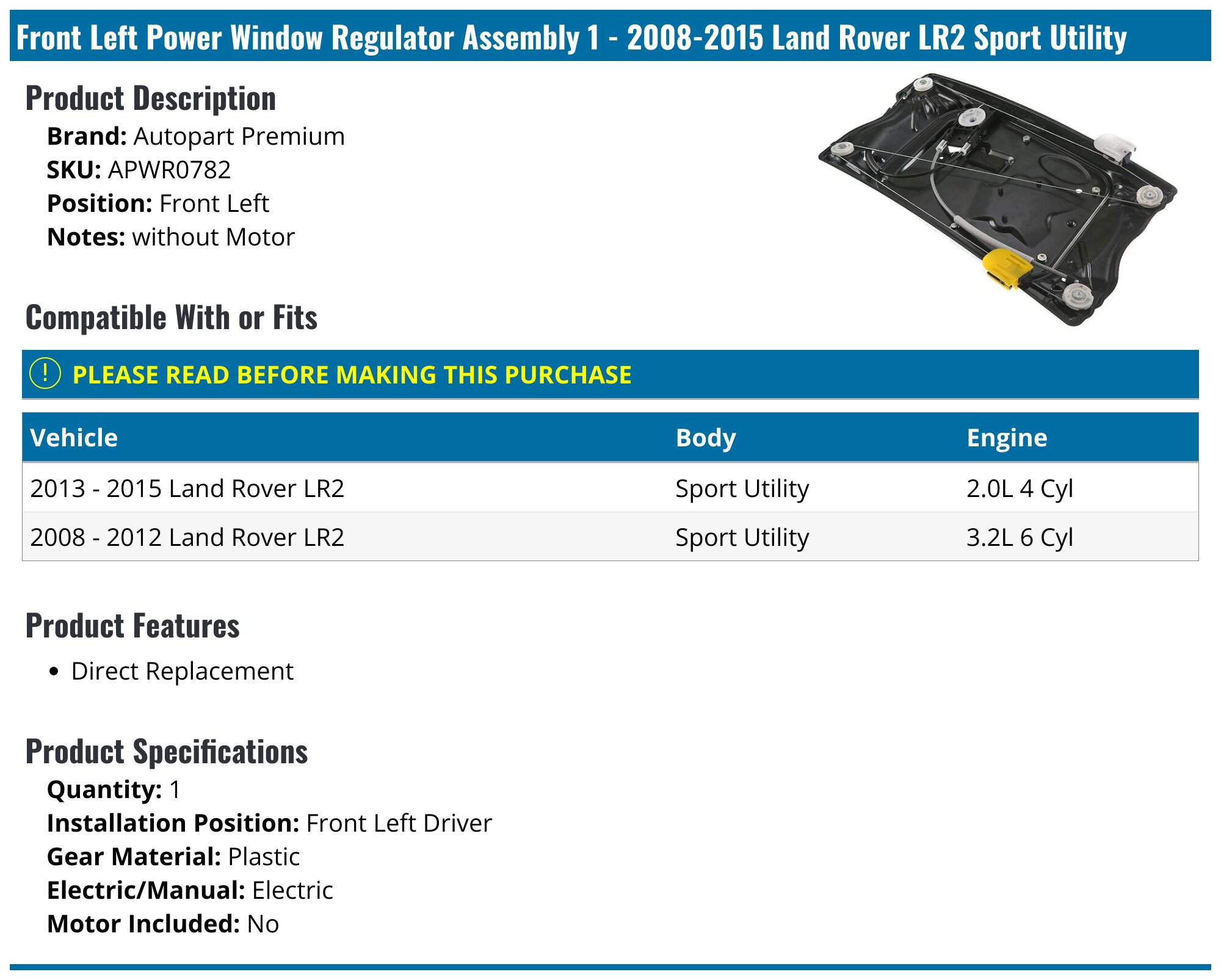 Window Regulator Robot Rover Land Rover LR2 Window Regulator - Window Regulators - Autopart Premium ...
