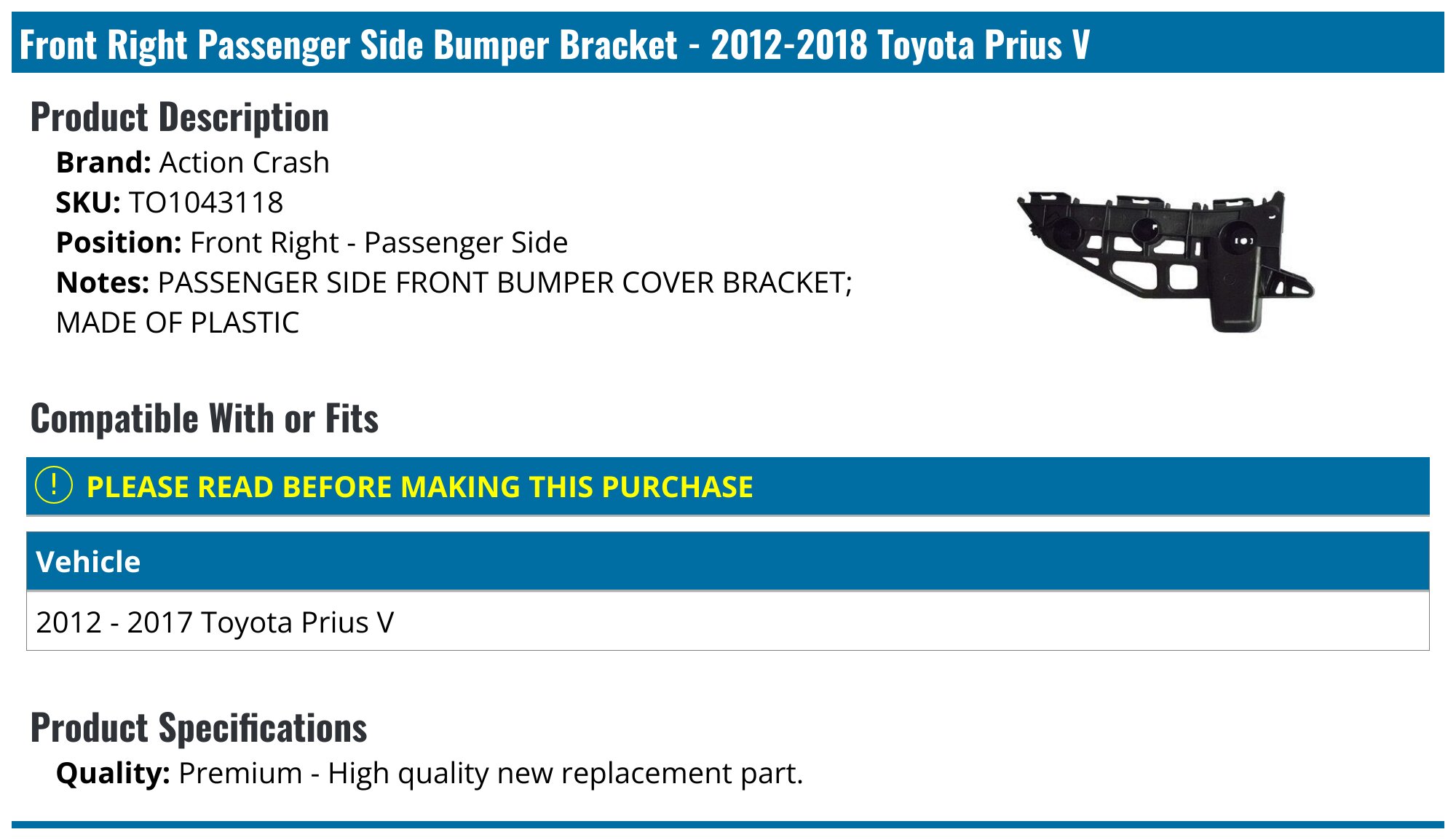 Evan-Fischer Rear Bumper Brackets Set For Toyota Prius V 2012-2018 - Left & Right, Direct Replacement