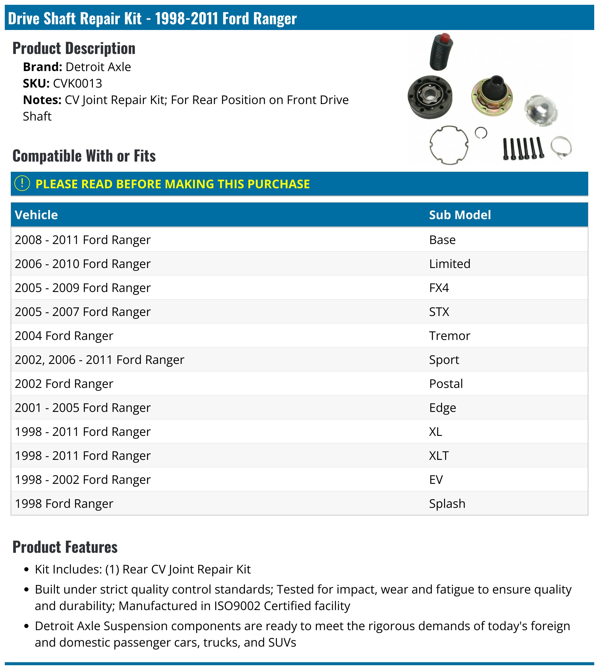 Ford Ranger 2007 Engine Fix Kit 1998-2011 Ford Ranger Drive Shaft Repair Kit - Detroit Axle CVK0013 ...