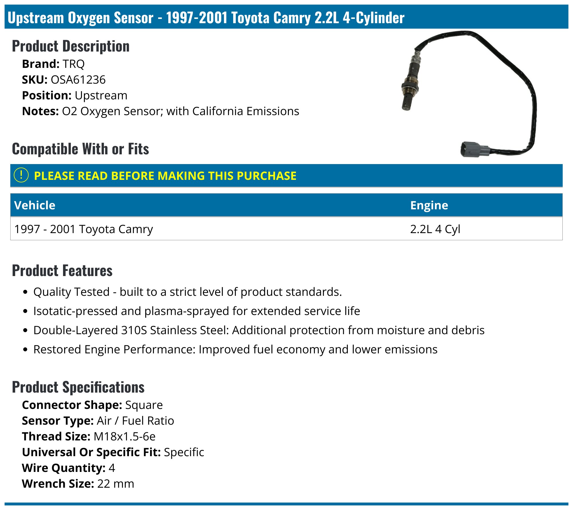 2000-2003 Toyota Camry Oxygen Sensor - TRQ OSA61236 - Upstream ...