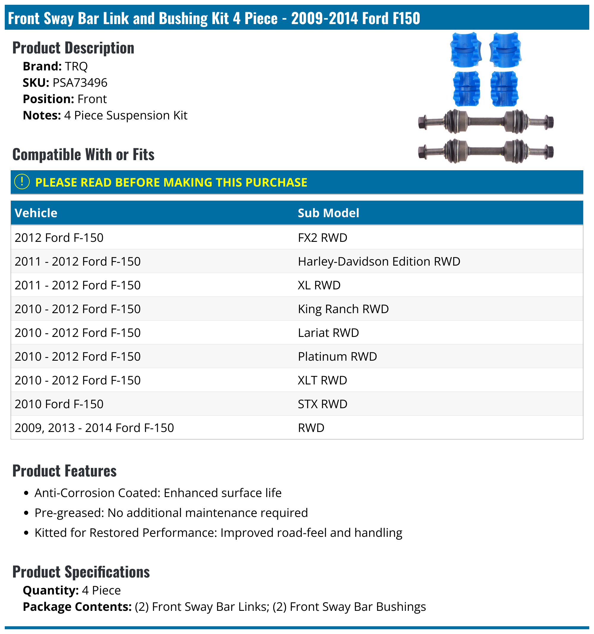 20092014 Ford F150 Sway Bar Link TRQ PSA73496 Front