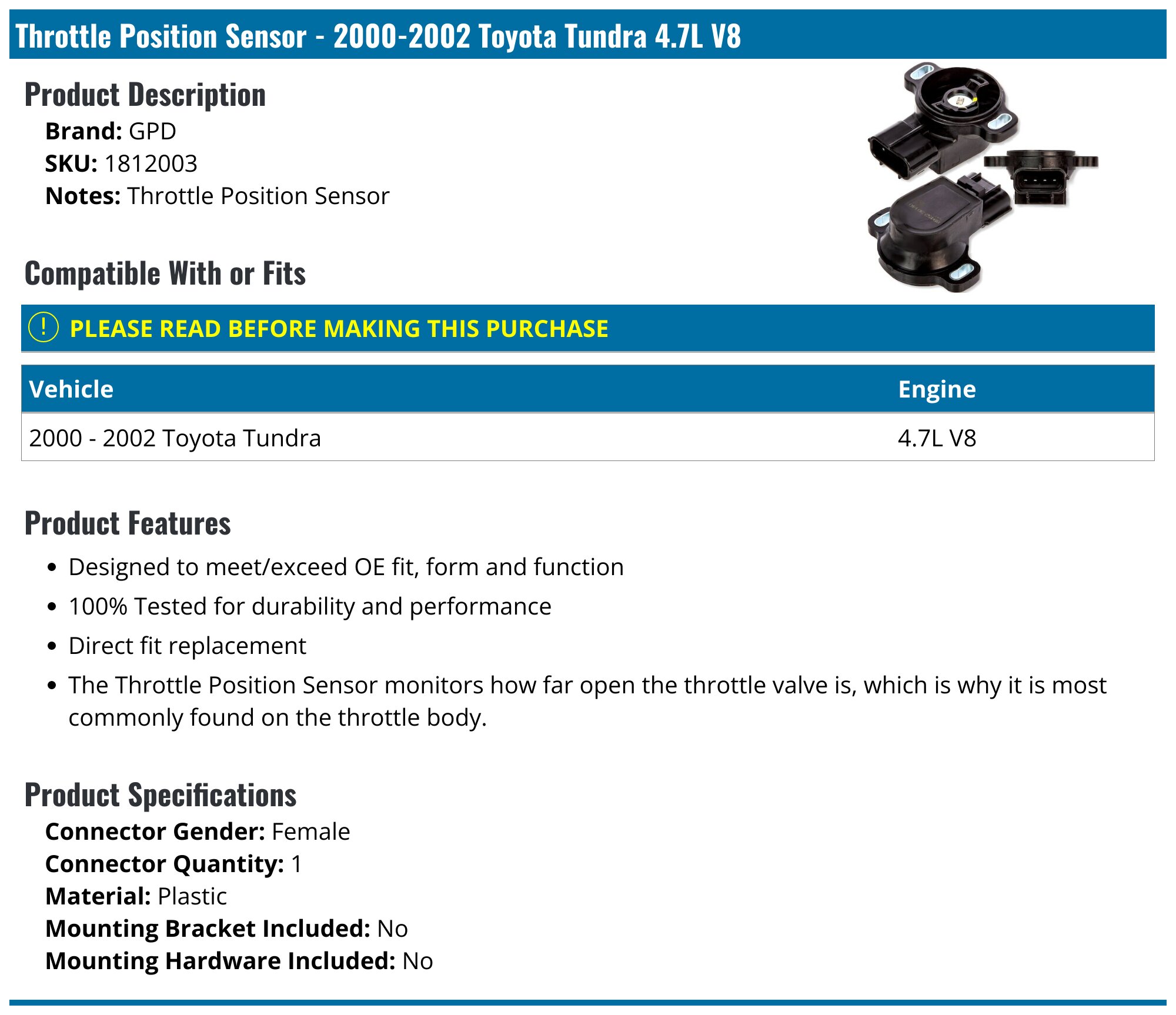 Throttle Position Sensor For Toyota Tundra, Sequoia, Land Cruiser - Part 8945230140