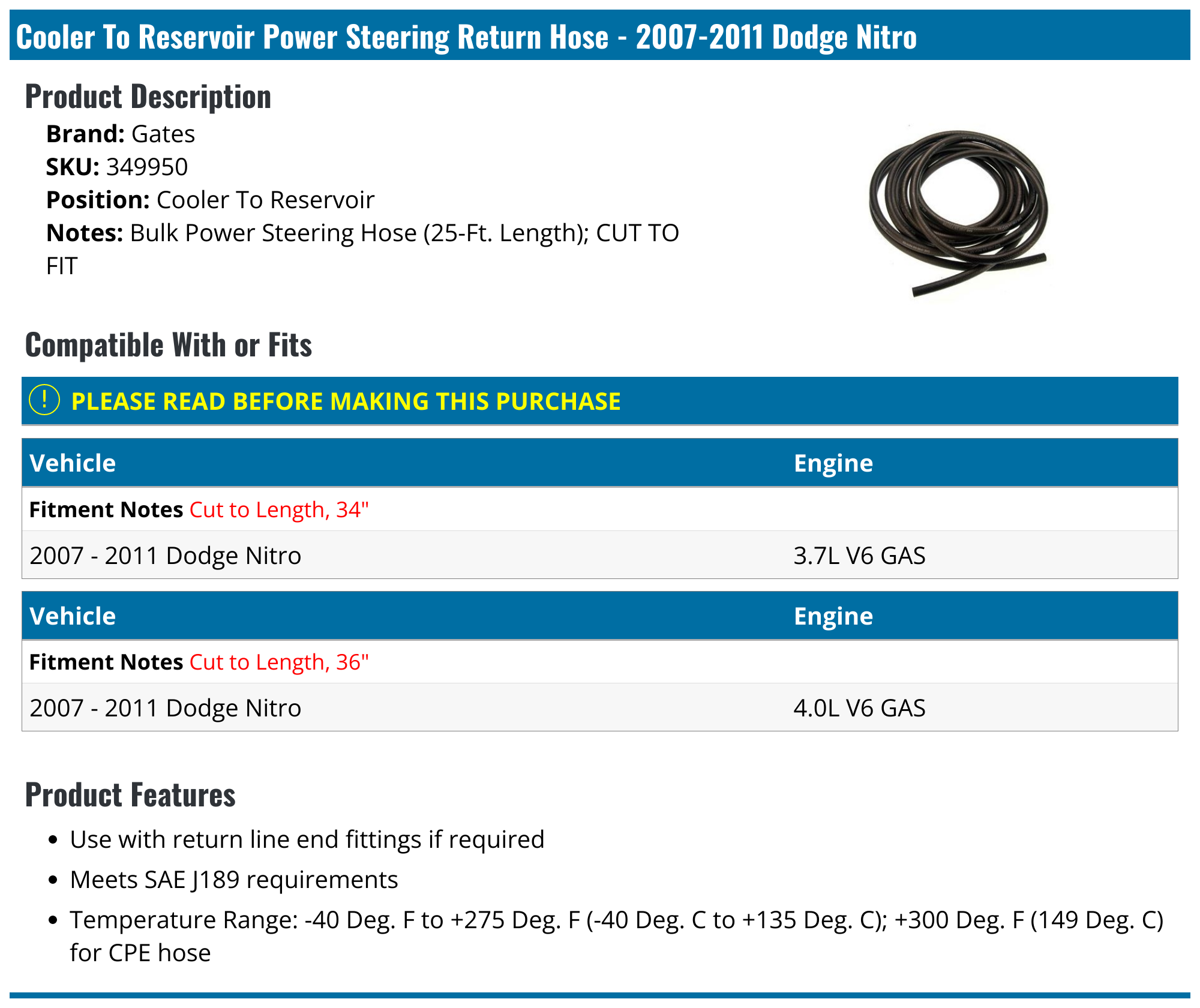 20072011 Dodge Nitro Power Steering Return Hose Gates 349950