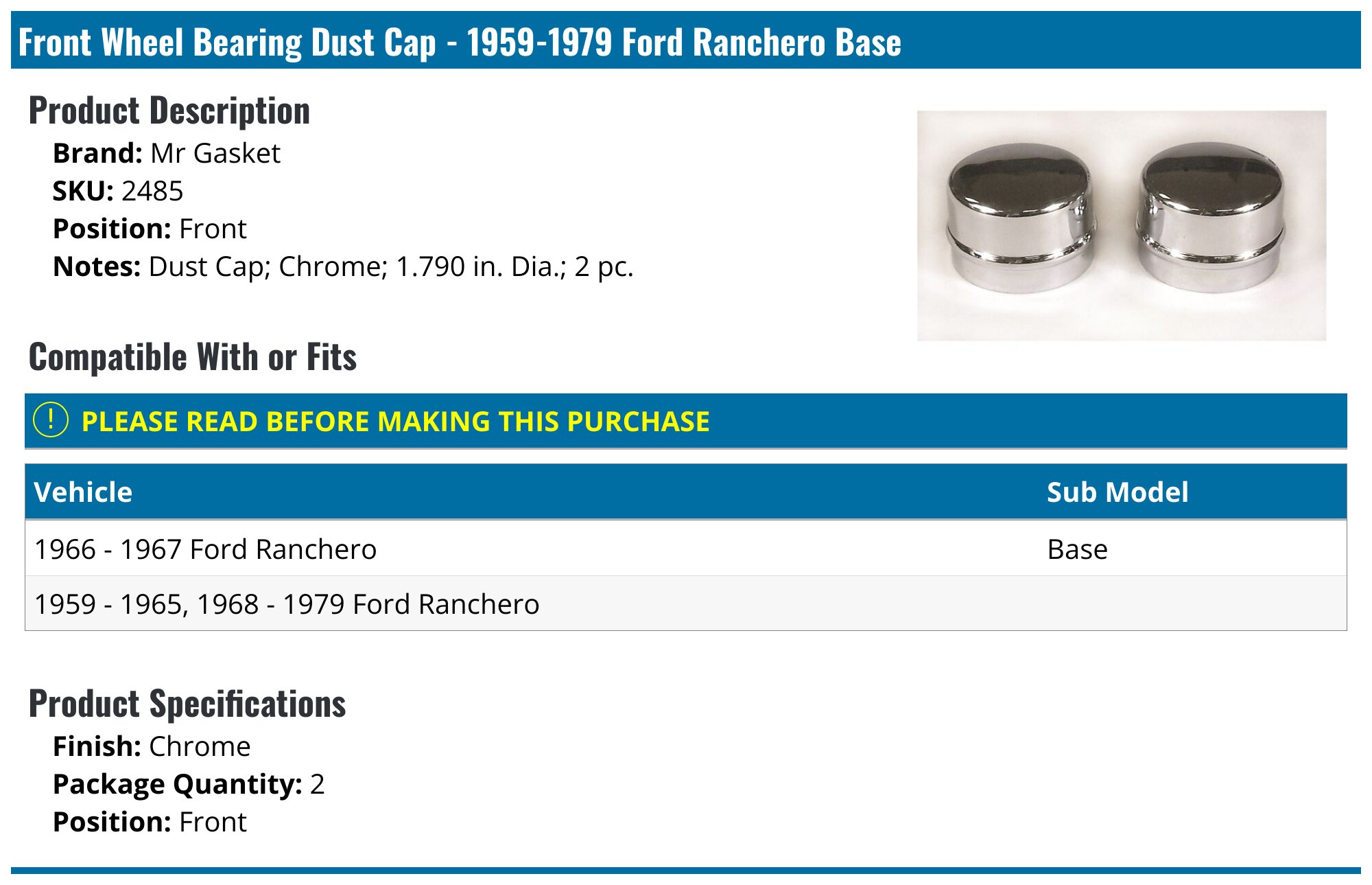 1959-1979 Ford Ranchero Wheel Bearing Dust Cap - Mr Gasket 2485 - Front ...