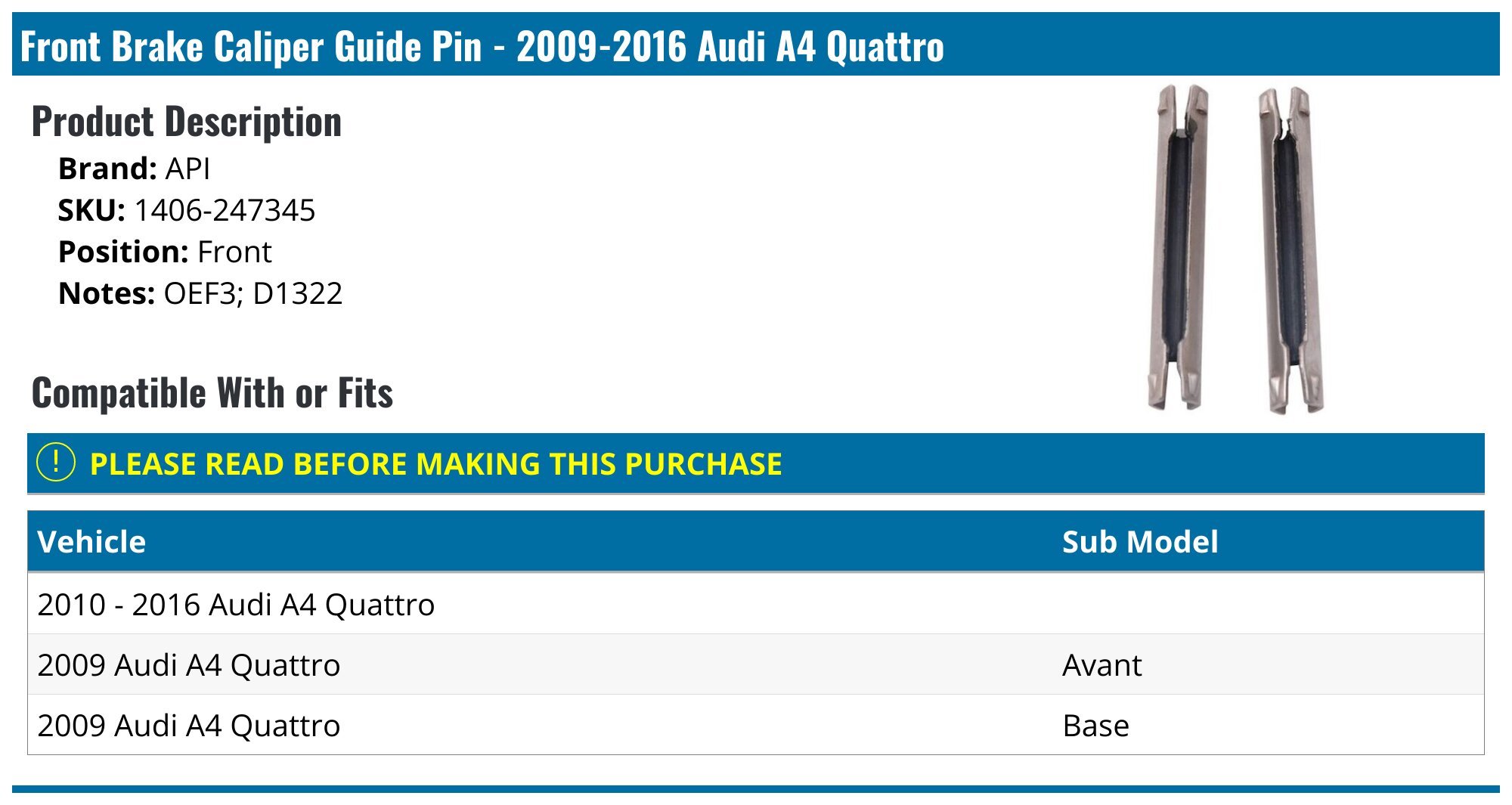For Mitsubishi L200 (2016->) 2x Front Brake Caliper Guide Slider Pin