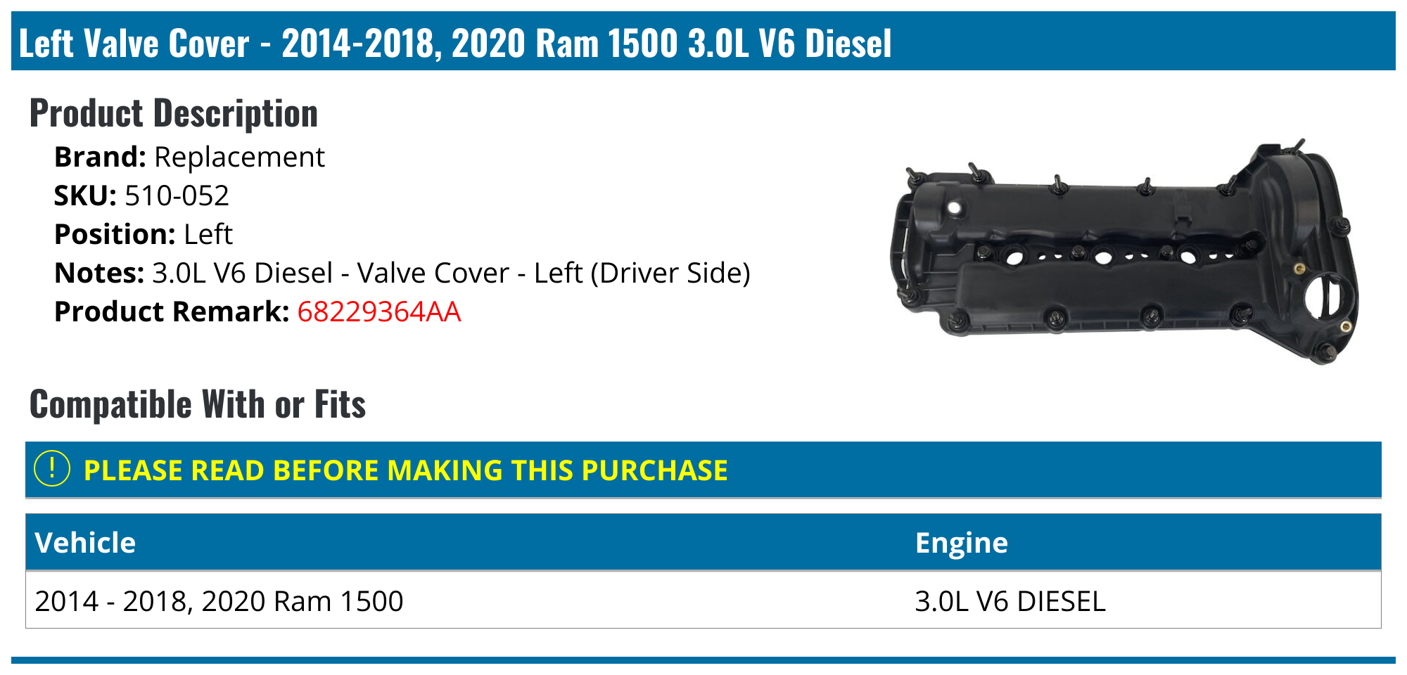 20142018, 2020 Ram 1500 Valve Cover Replacement 510052 Left
