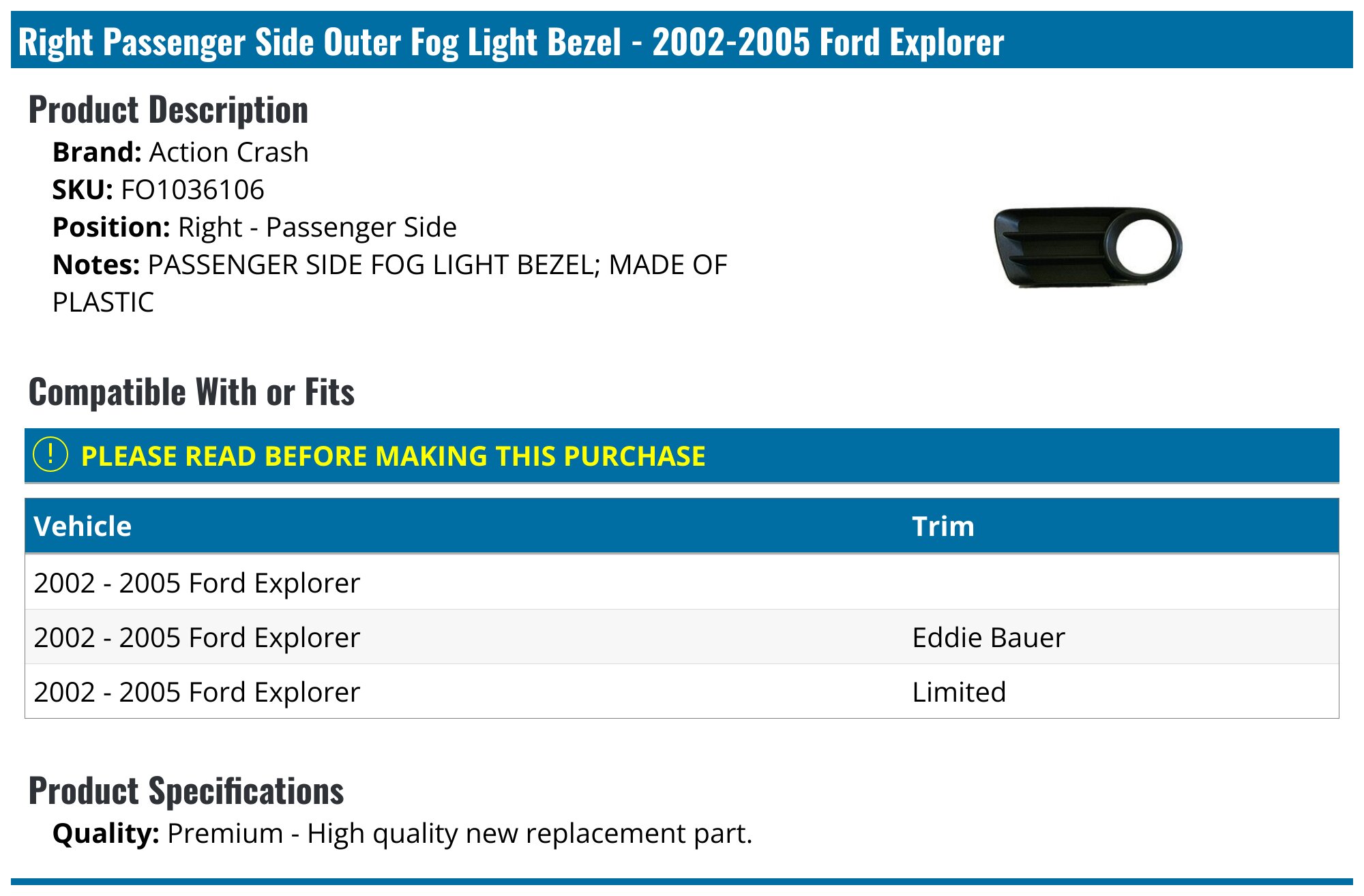 For 2002-2005 Explorer Fog Light Cover Front, Right Primed