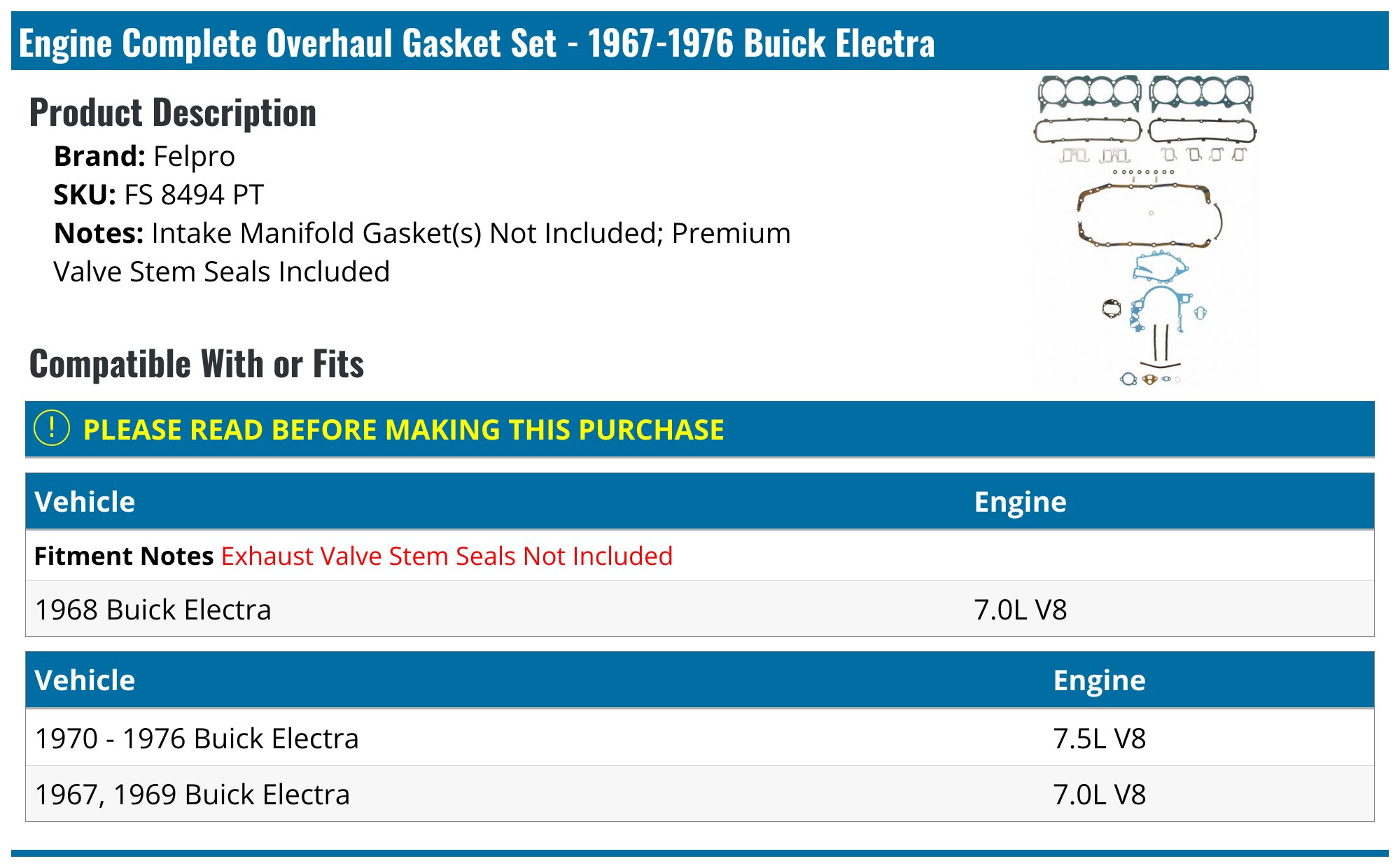 1967-1976 Buick Electra Engine Complete Overhaul Gasket Set