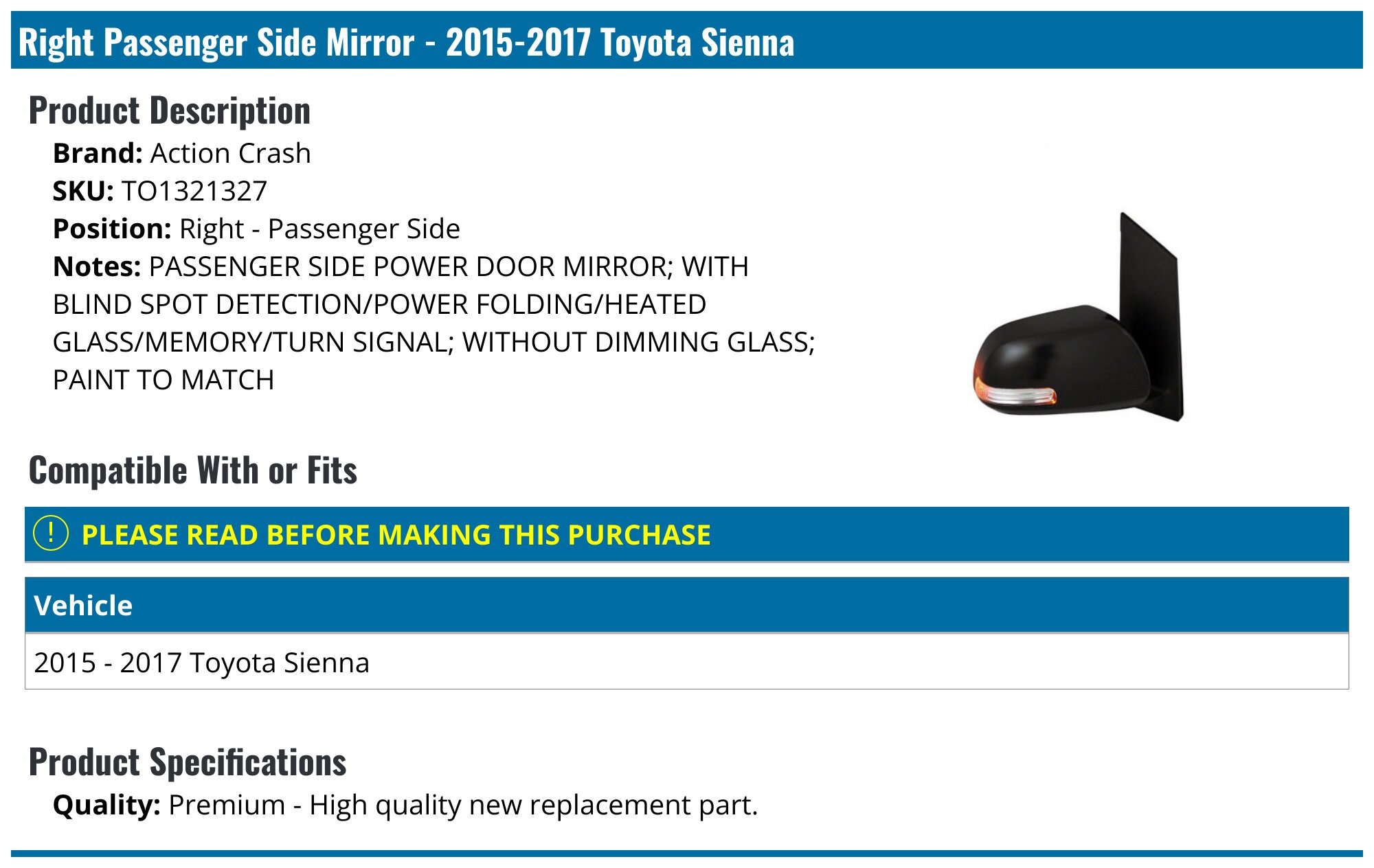 Power Heated Passenger Mirror For 2013-2017 Toyota Sienna - Paintable With Blind Spot 8 thumbnail image