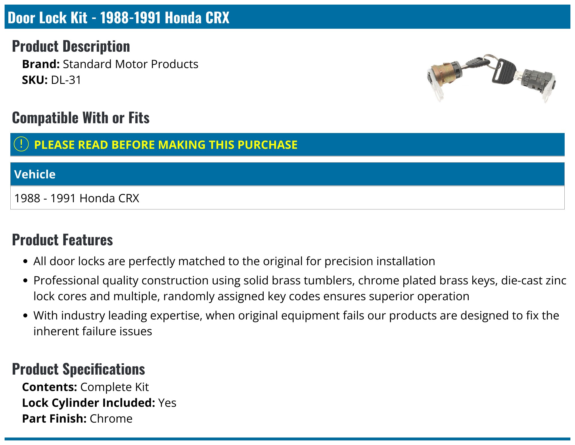 1988-1991 Honda CRX Door Lock Kit - Standard Motor Products DL-31 -  PartsGeek.com