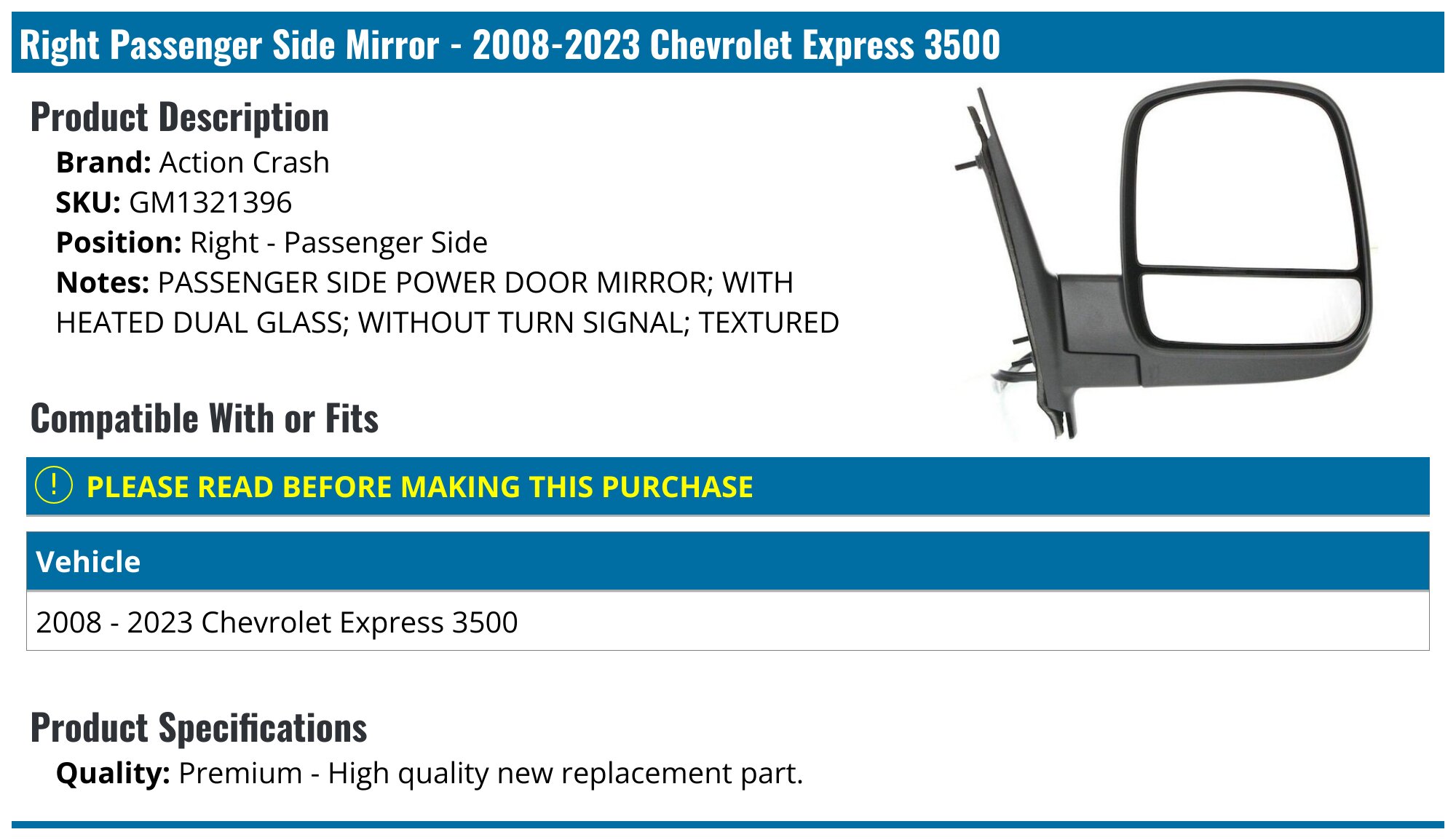 Power Glass Passenger Side Mirror For 2008-2021 Chevy Express & GMC Savana – Heated, Direct Fit, Textured Black