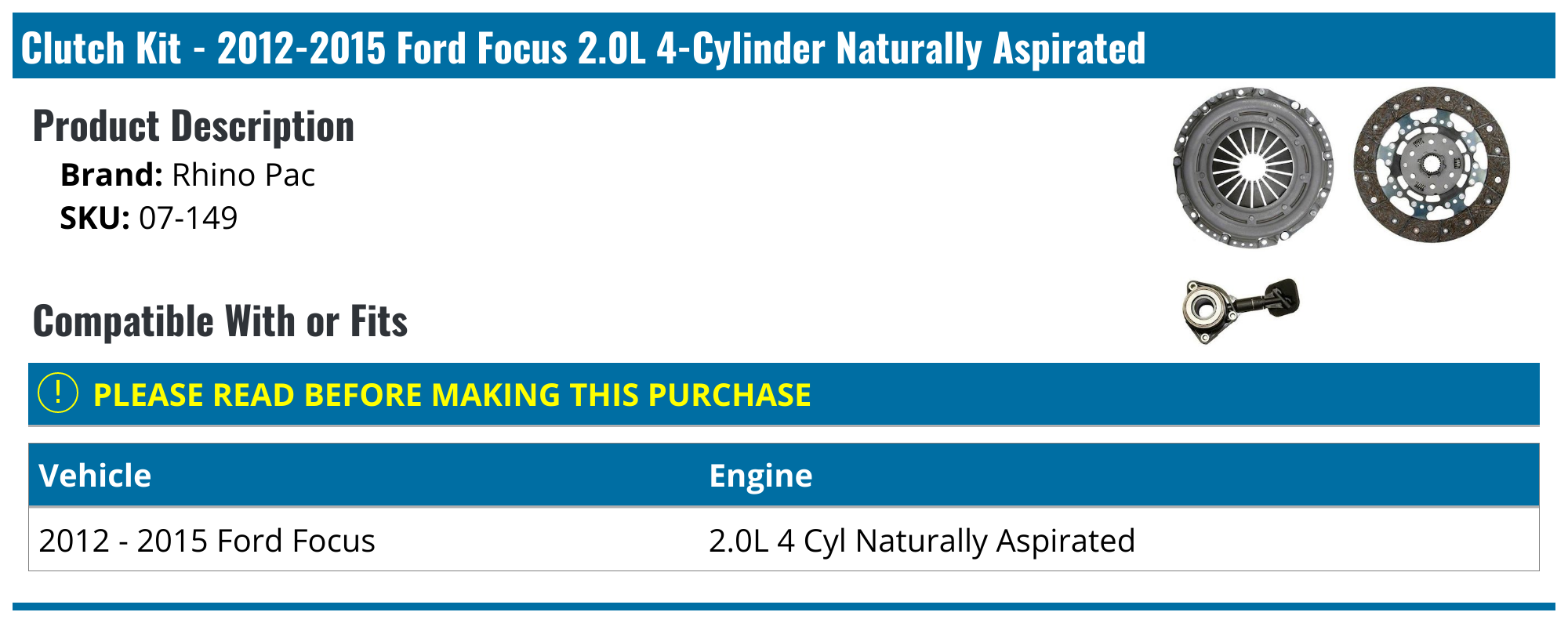 20122015 Ford Focus Clutch Kit Rhino Pac 07149